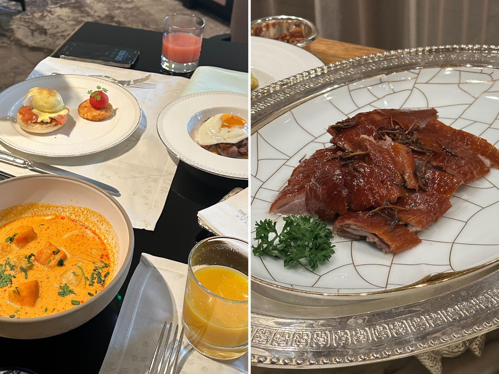 Breakfast in the Lobby and roast duck at Huang Ting restaurant