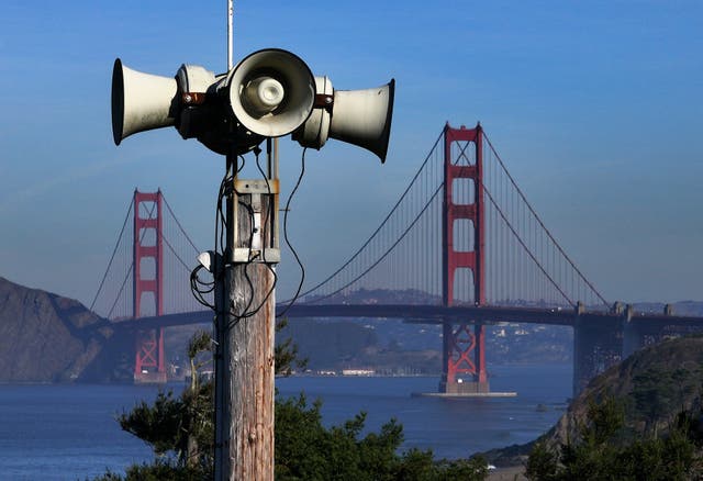 <p>An aerial view of San Francisco's Outdoor Public Warning System (OPWS) on December 06, 2024 in San Francisco, California</p>