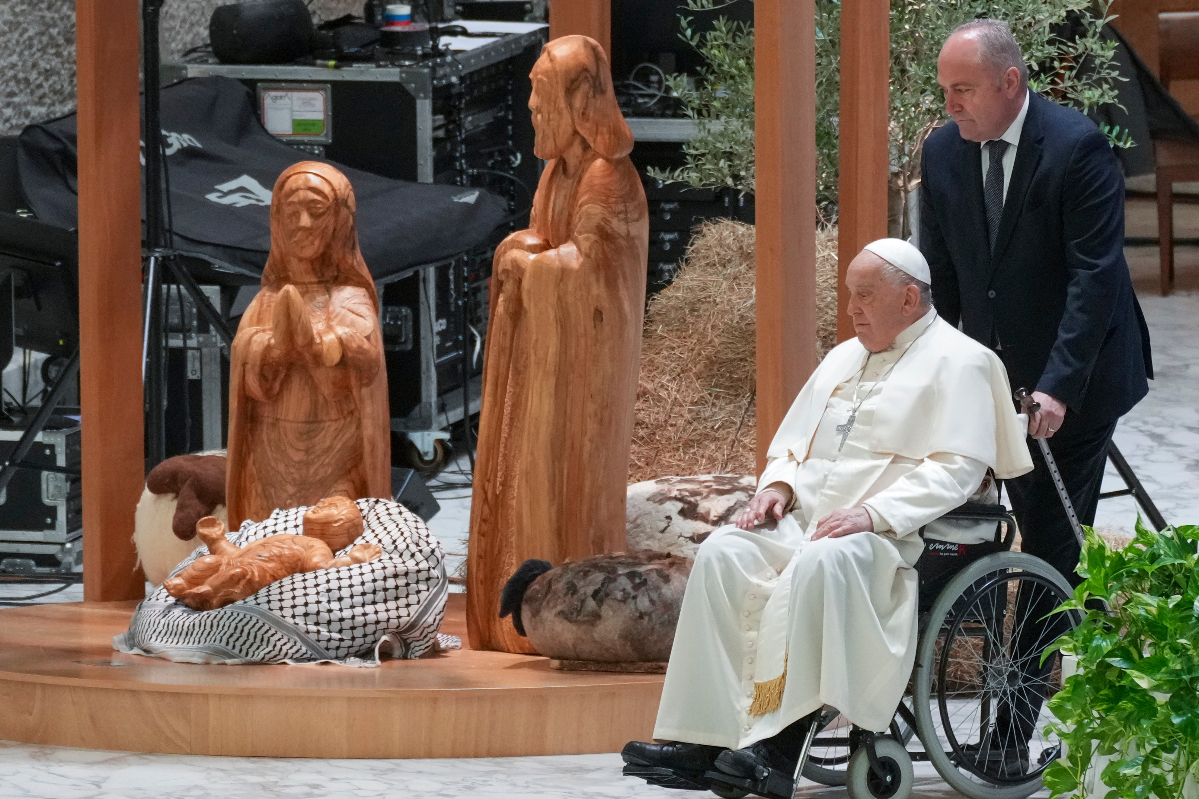 Pope Francis arrives to meet the donors of the fir tree set up in St. Peter’s Square