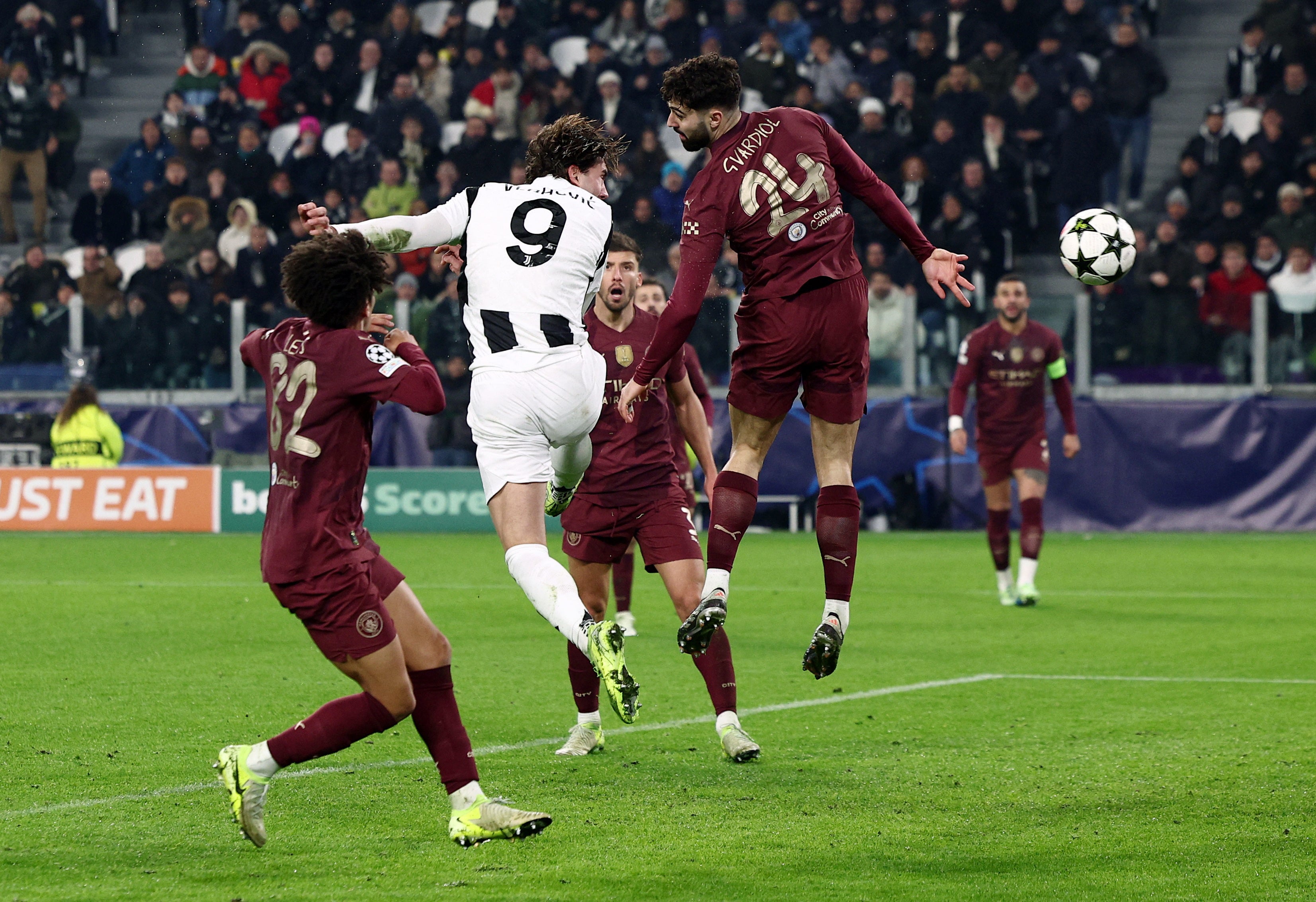 Dusan Vlahovic heads Juventus into the lead against Man City