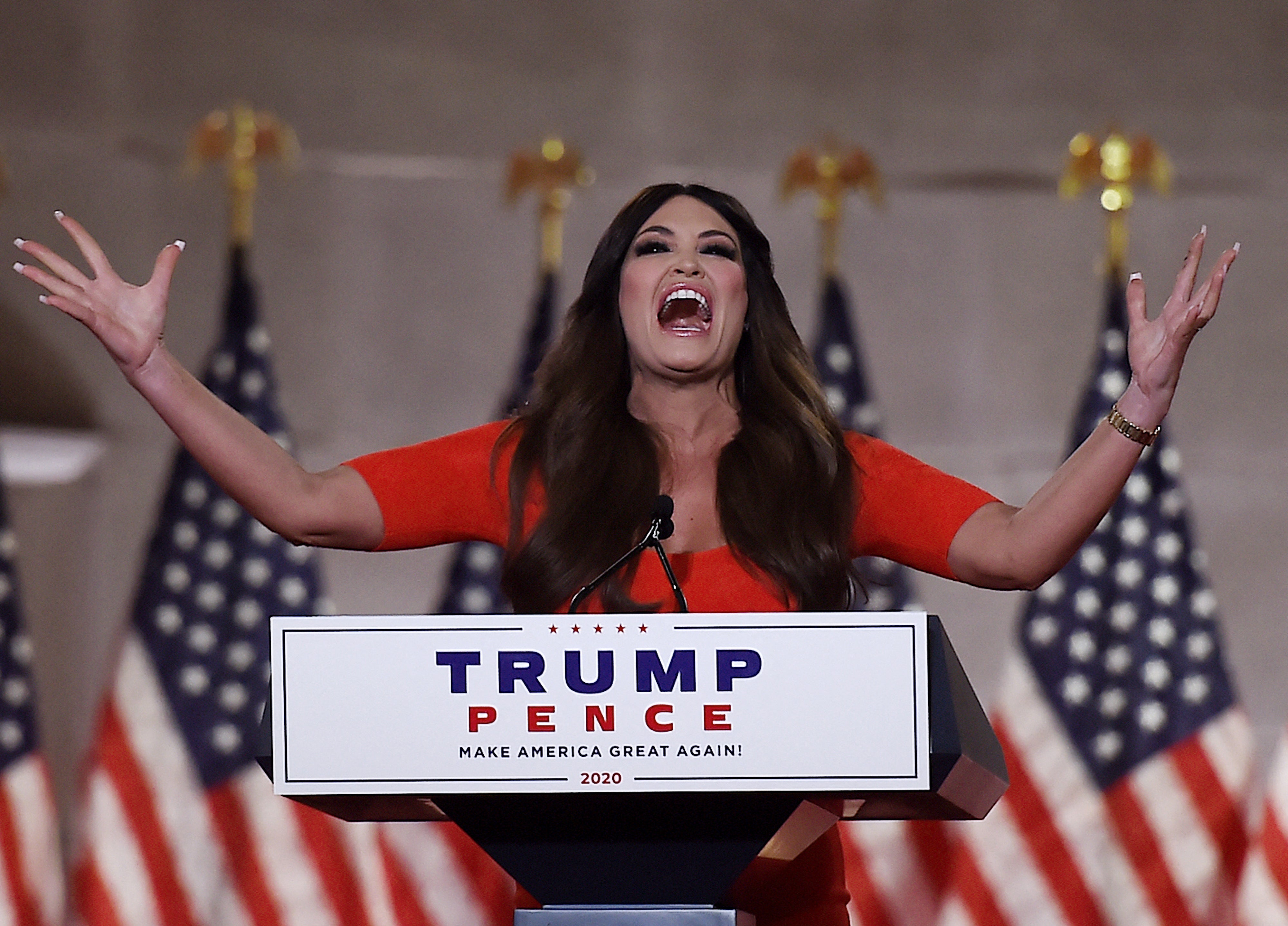 Kimberly Guilfoyle delivering an iconic speech during the online-only Republican National Convention in August 2020