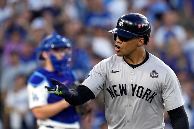 Juan Soto celebrates after hitting a home run for the New York Yankees against the Los Angeles Dodgers in the World Series (AP)