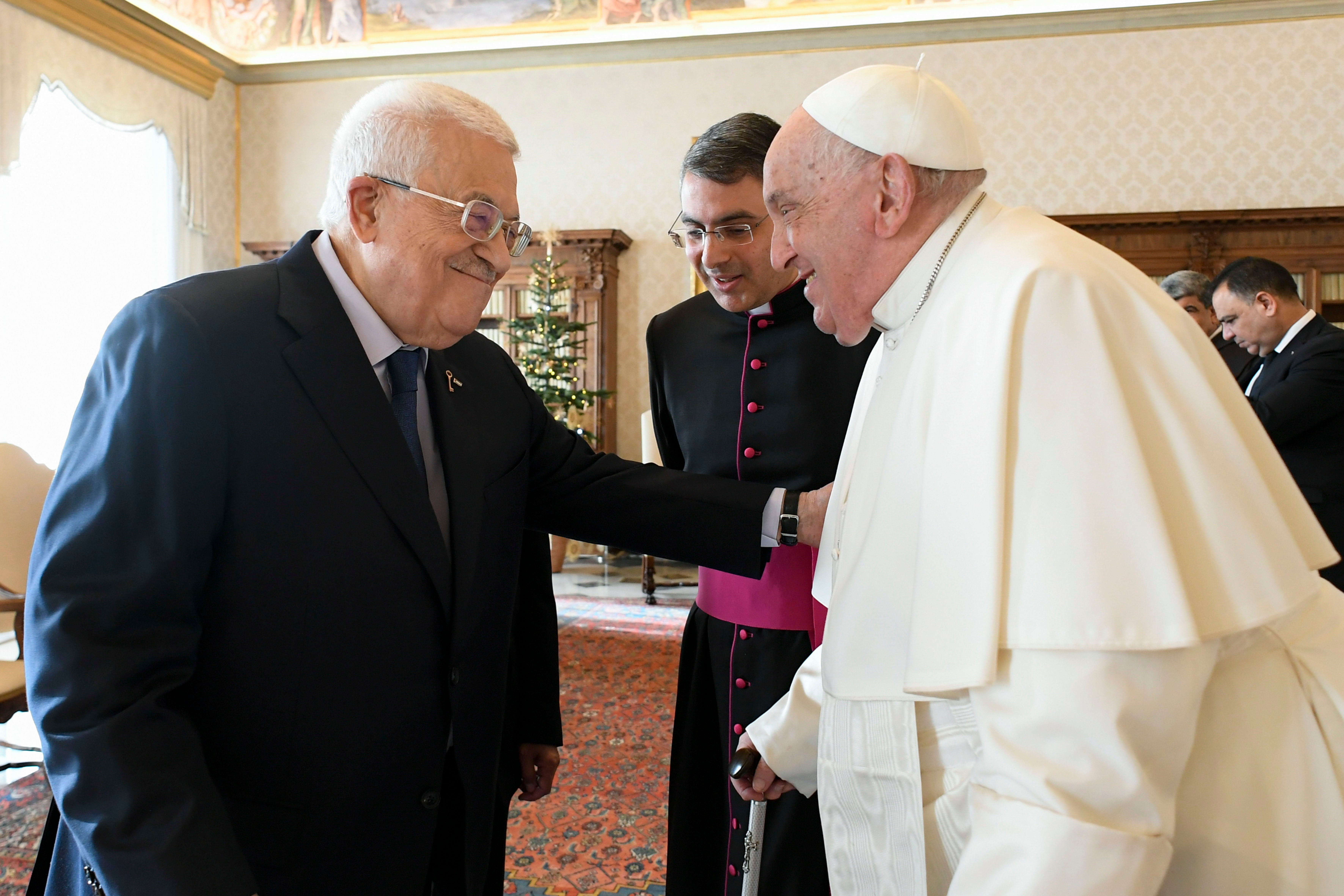 Palestinian leader Mahmoud Abbas, left, meets with Pope Francis at the Vatican, Thursday, Dec. 12, 2024