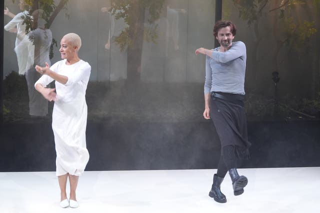 <p>Cush Jumbo and David Tennant during the curtain call at the West End opening night of Macbeth</p>