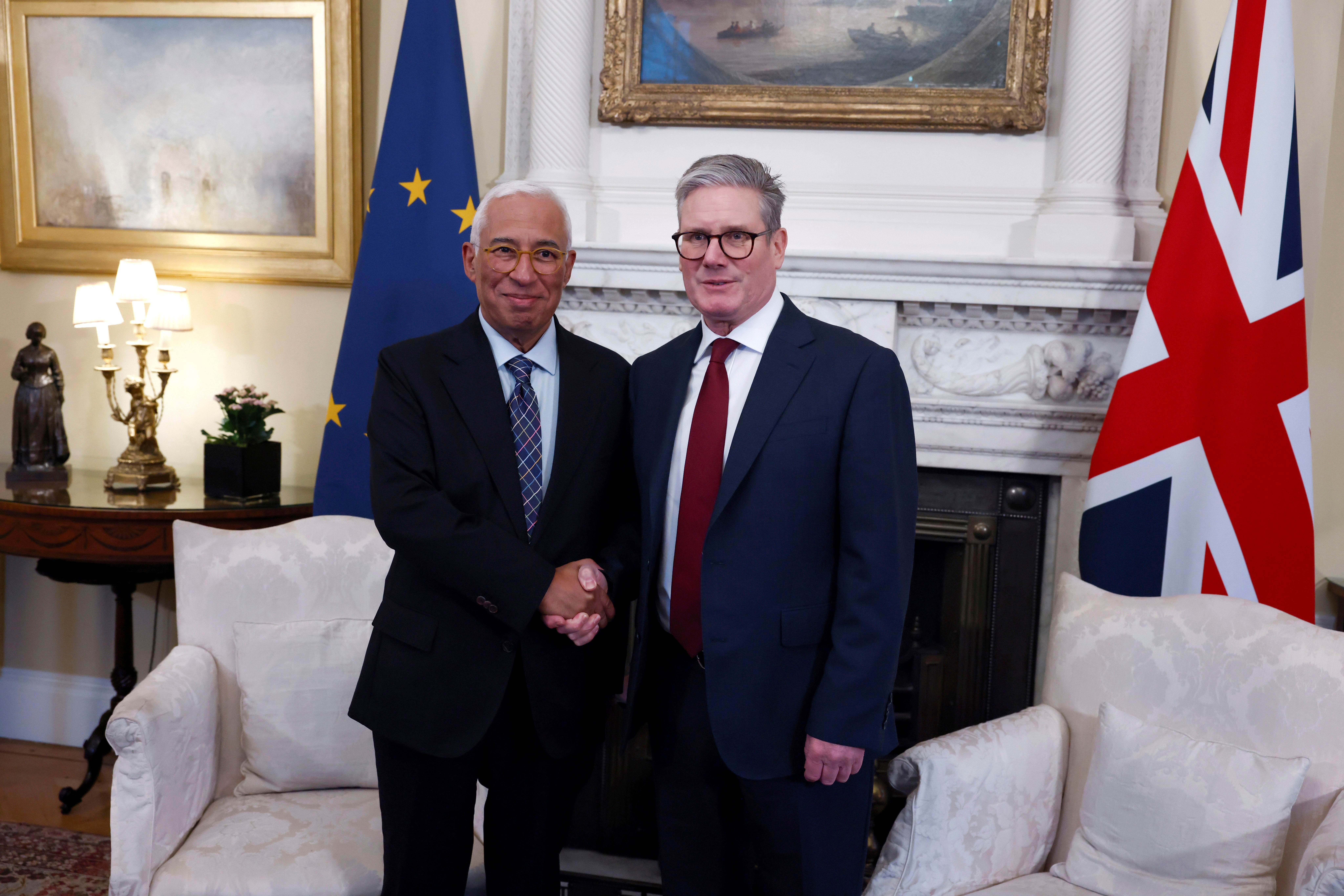 European Council President Antonio Costa (L) and Britain’s Prime Minister Keir Starmer (R) meet at 10 Downing Street