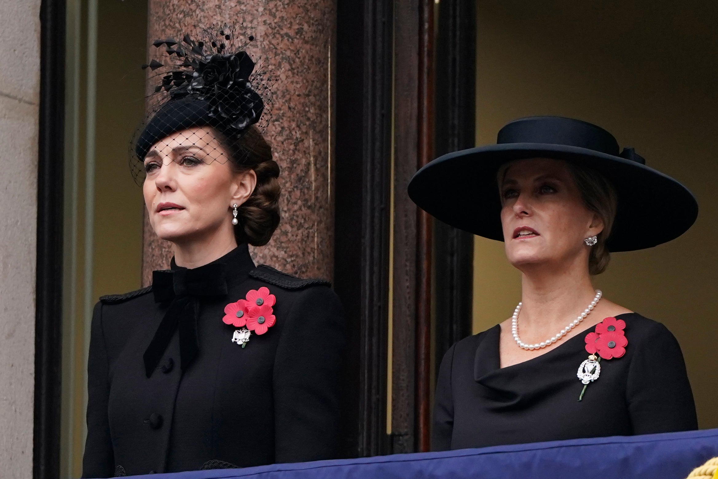 Kate, Princess of Wales, left, and Sophie, Duchess of Edinburgh attend the Remembrance Sunday Service at the Cenotaph in London