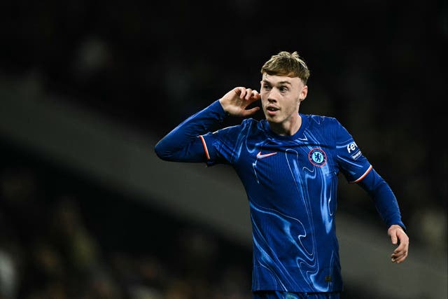 <p>Chelsea’s Cole Palmer celebrates after scoring against Tottenham</p>