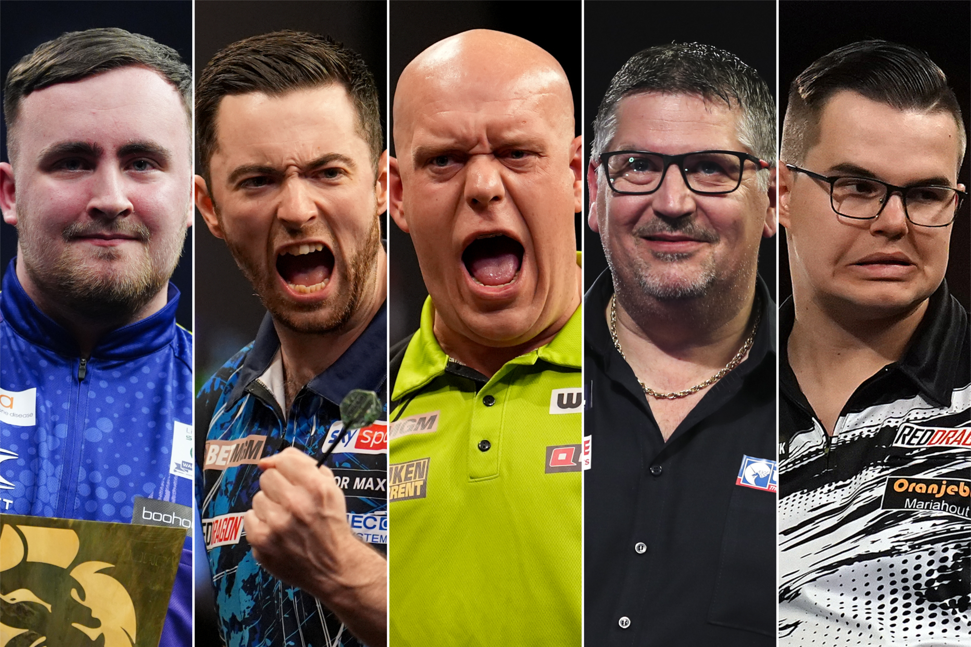 Luke Littler, Luke Humphries, Michael van Gerwen, Gary Anderson and Gian van Veen on the oche (Peter Byrne/Martin Rickett/Martin Rickett/Kieran Cleeves/Adam Davy/PA)