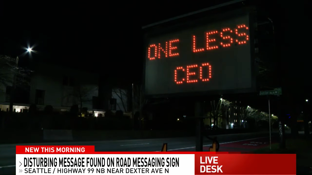 KOMO News photographer spotted the message on a portable electronic road sign near Lake Union in Seattle on Thursday