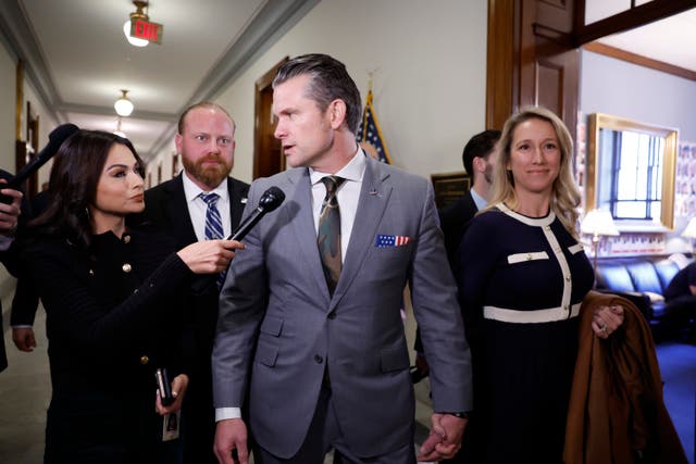 <p>President-elect Donald Trump's nominee to be Secretary of Defense Pete Hegseth speaks to reporters as he and his wife Jennifer Rauchet arrive for a meeting with Sen. John Fetterman (D-PA) in the Russell Senate Office Building on December 12, 2024 in Washington, DC</p>