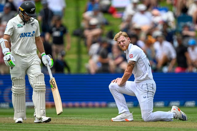 England’s Ben Stokes reacts during play on day one of the third Test between England and New Zealand in Hamilton (Andrew Cornaga/Photosport/AP)