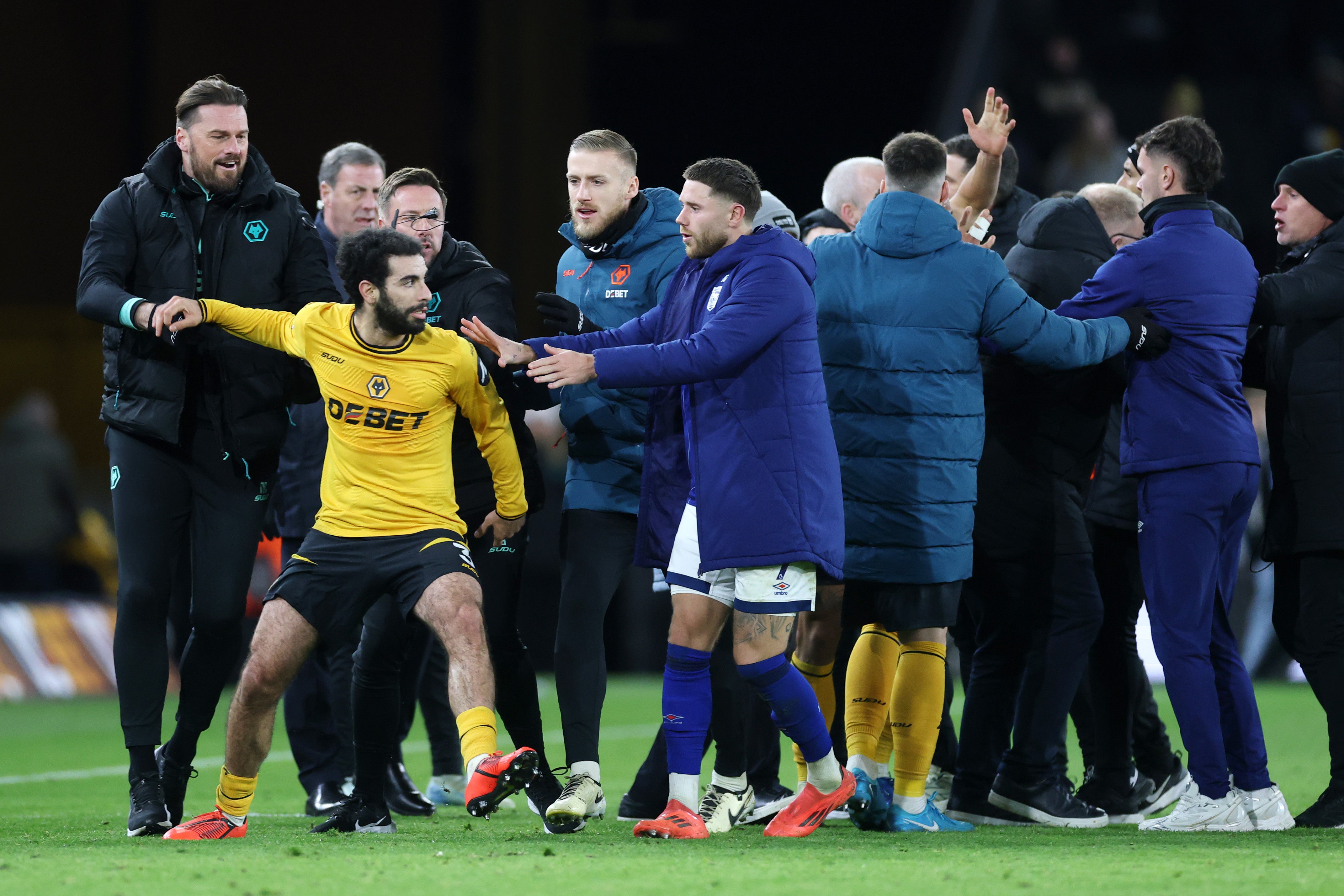 Angry scenes after the full-time whistle then saw Rayan Ait-Nouri sent off