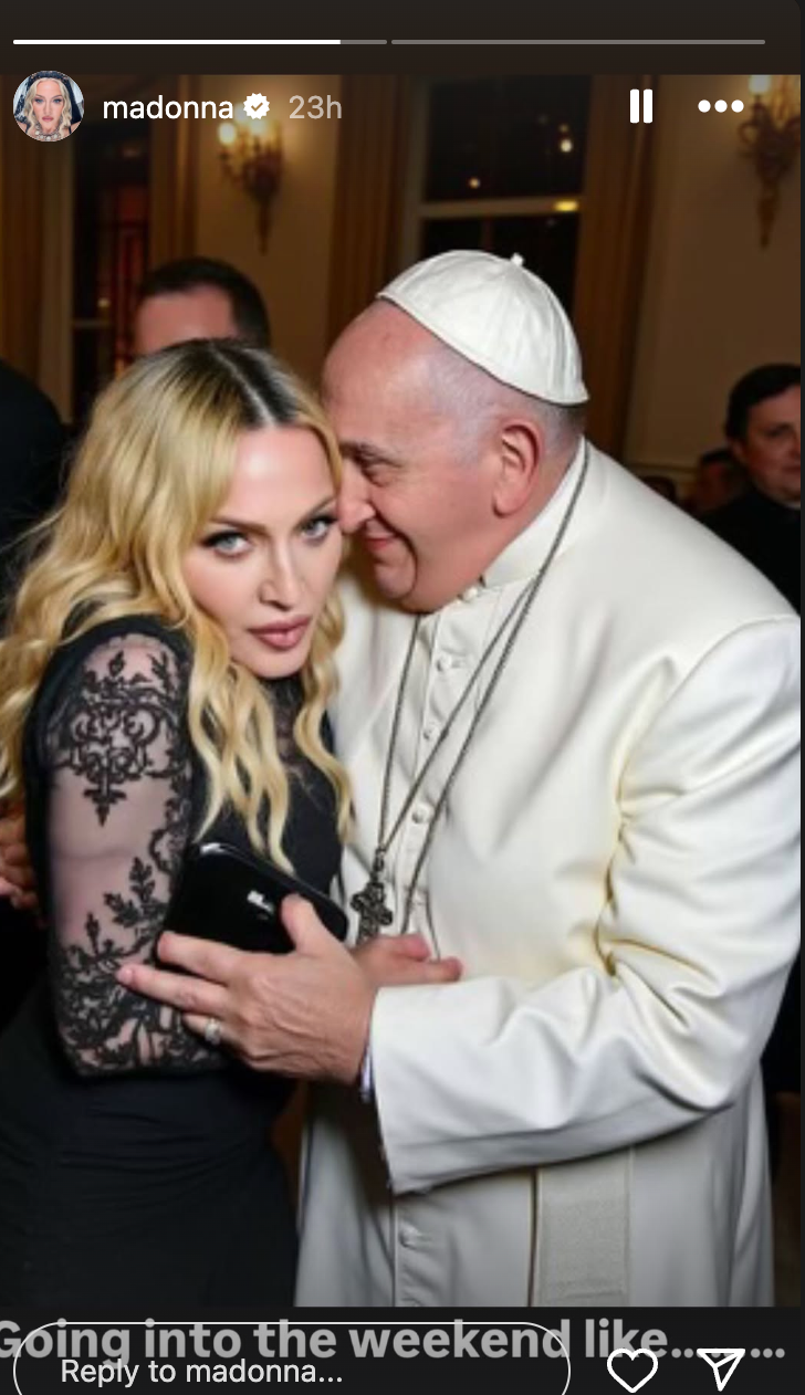 The first AI-generated photo posted on Madonna’s Instagram story on December 13 shows Pope Francis hugging her