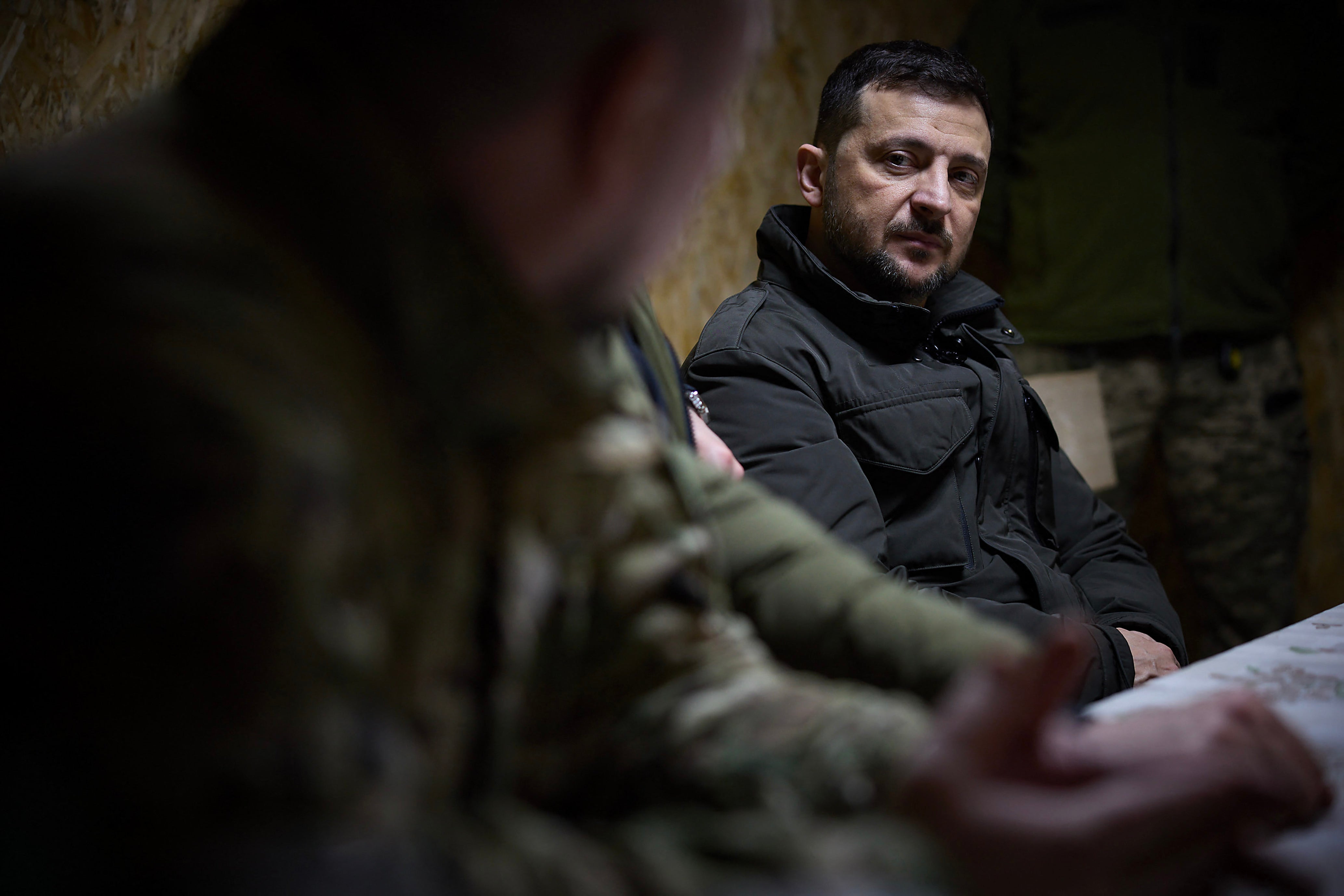 Ukrainian president Volodymyr Zelensky speaking with battalion and company commanders of the 65th Separate Mechanized Brigade and the 118th Separate Mechanized Brigade