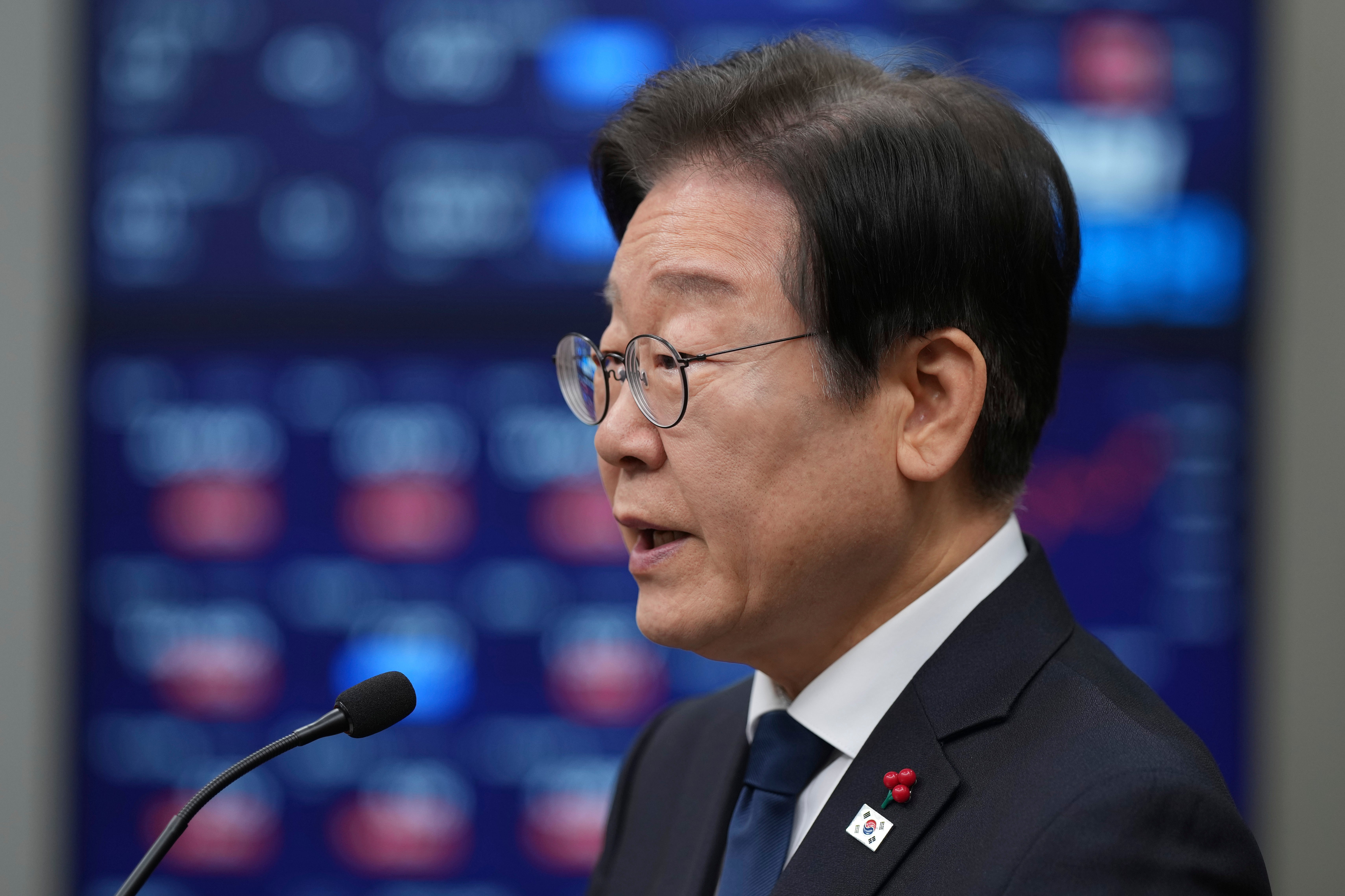 South Korea’s main opposition Democratic Party leader Lee Jae Myung speaks during a press conference on removal of president Yoon Suk Yeol