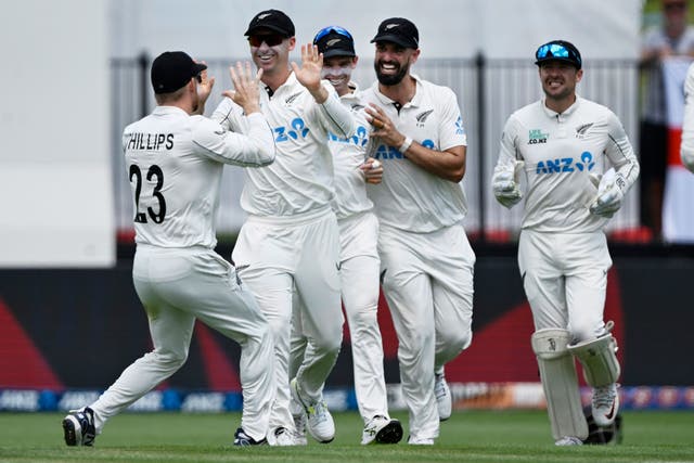 New Zealand celebrate the wicket of Joe Root (Andrew Cornaga/Photosport/AP)