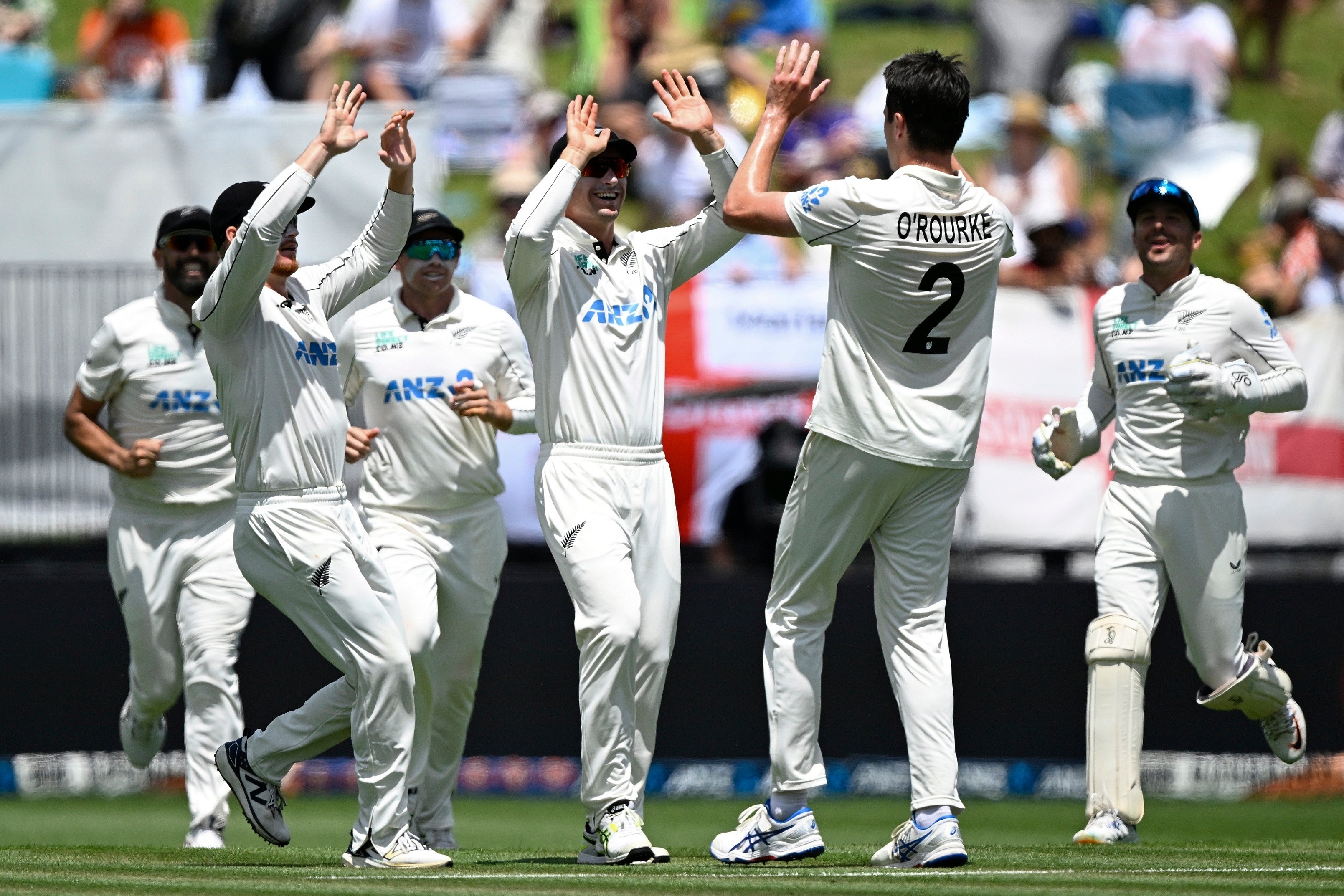 Will O’Rourke celebrates the wicket of England’s Jacob Bethell (Andrew Cornaga/Photosport via AP)