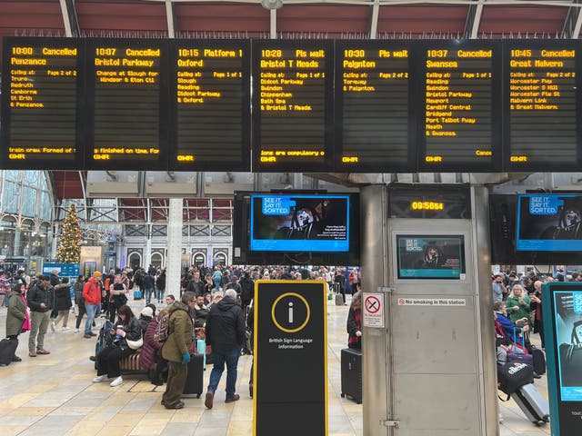 <p>Going places? Departure board at London Paddington station on 15 December 2024</p>