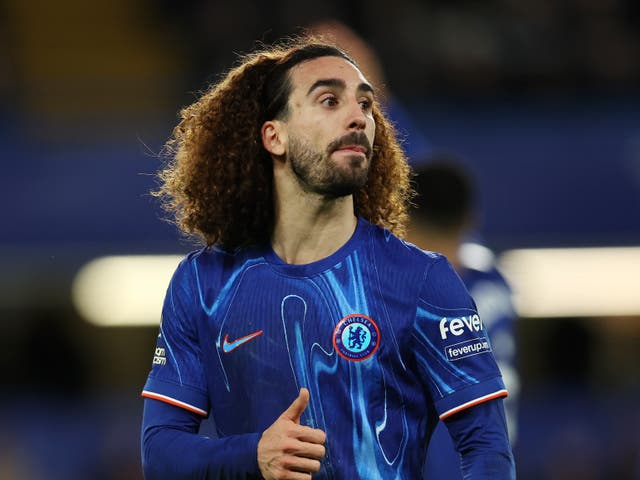 <p>Marc Cucurella of Chelsea reacts after the team's victory</p>