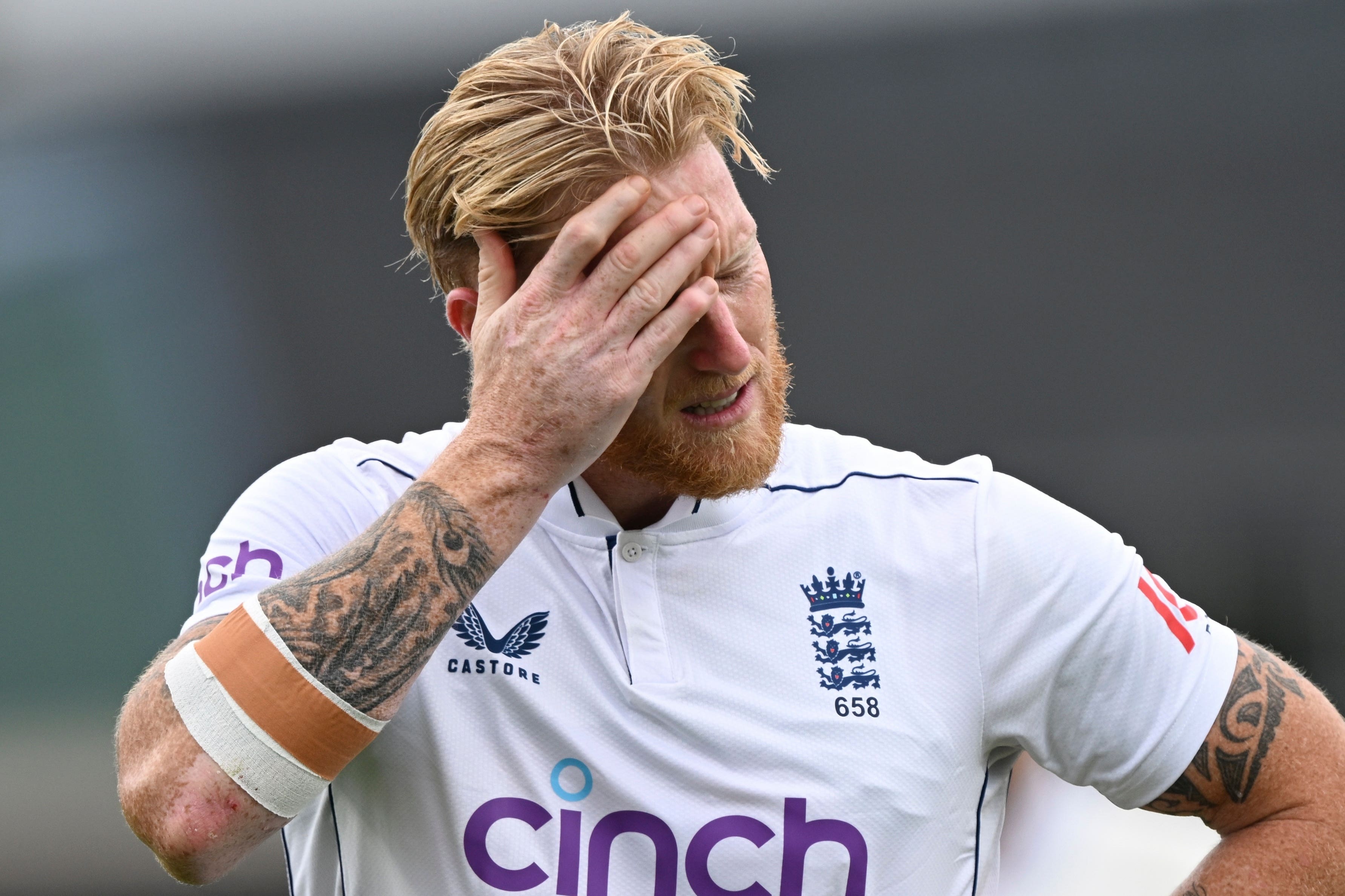 England captain Ben Stokes reacts as he leaves the field with an injury in Hamilton (Andrew Cornaga/Photosport via AP)