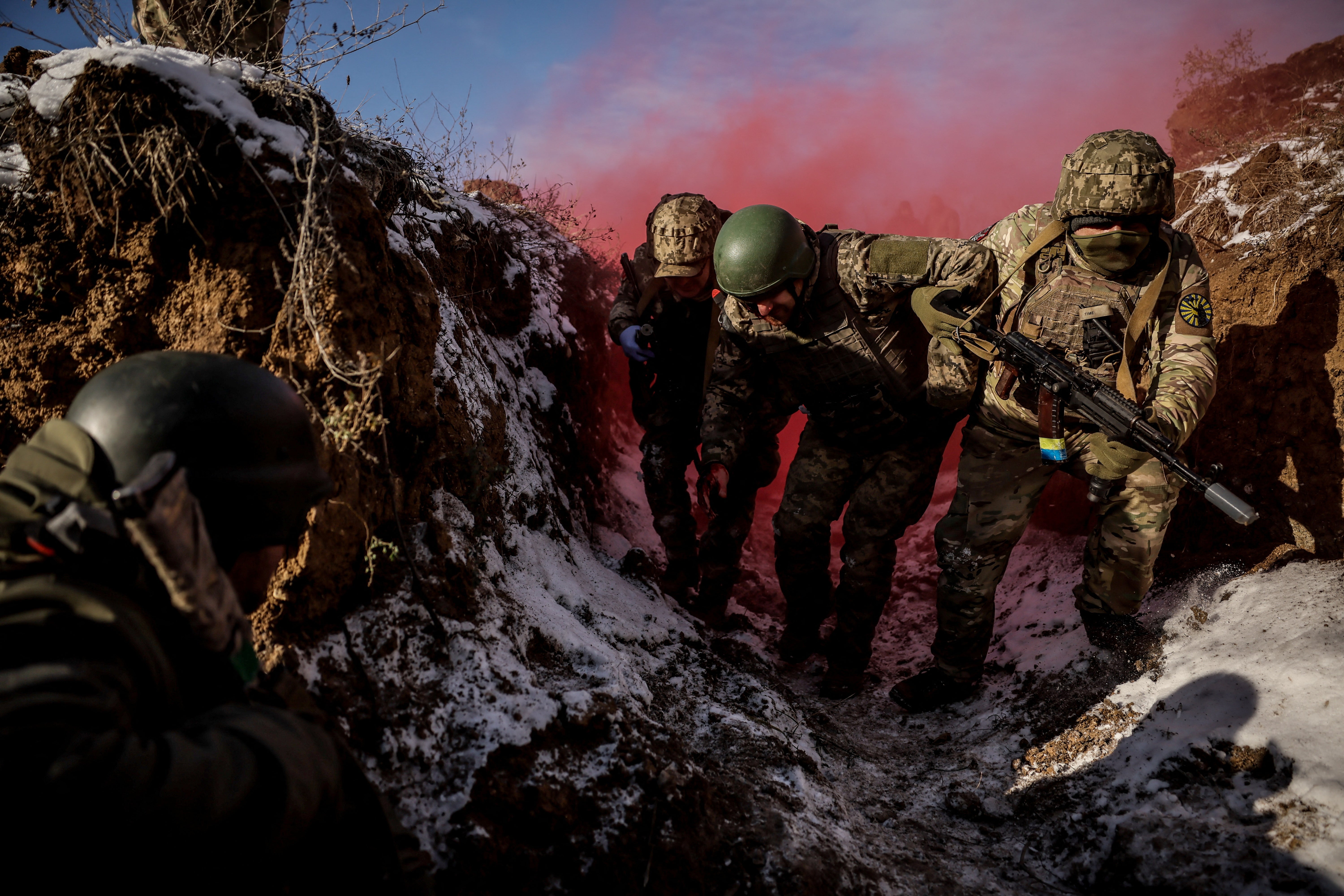 Servicemen of 24th Mechanized brigade named after King Danylo of the Ukrainian Armed Forces take part in a tactical medicine exercise in Donetsk region, Ukraine