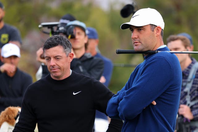 <p>Rory McIlroy and Scottie Scheffler of the PGA Tour look on before The Showdown</p>