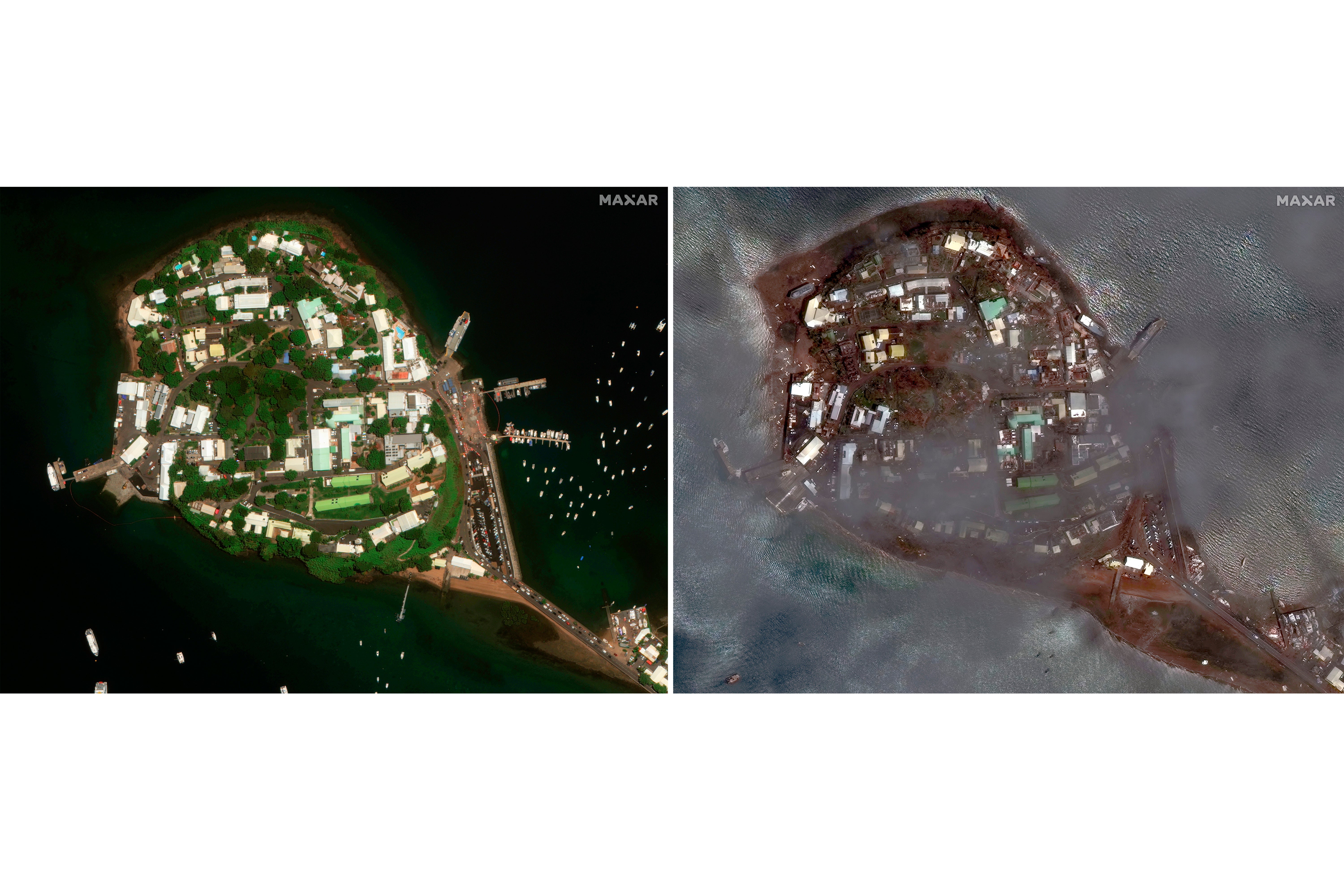 This combination of before and after images shows damage at the Dzaoudzi Port on the French Territory of Mayotte in the Indian Ocean after Cyclone Chido, Dec. 16, 2024. (Maxar Technologies via AP)