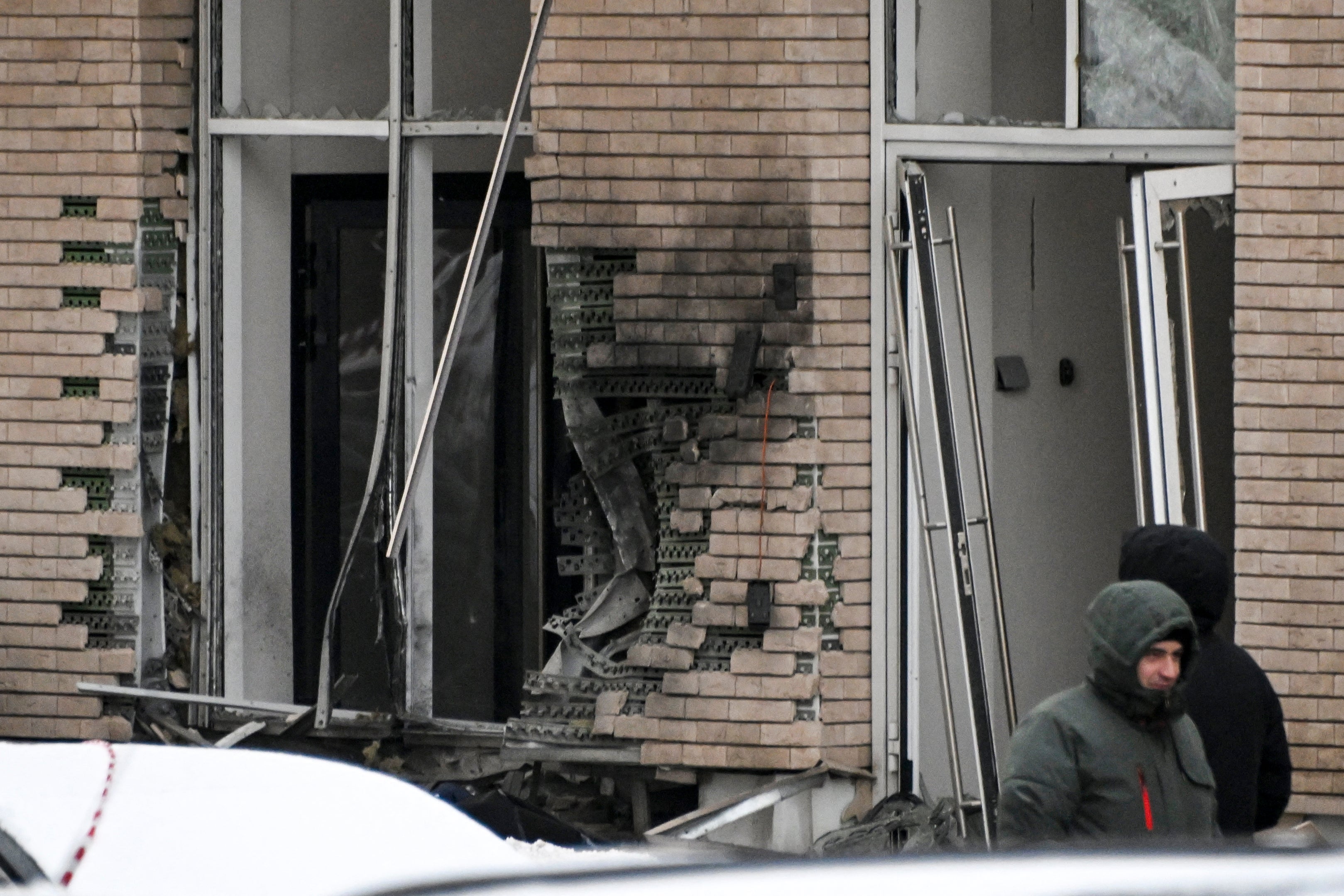 A view of the blast scene, which killed the commander of Russian armed forces' chemical, biological and radiation defence troops, Igor Kirillov, and his deputy, according to the Russian Investigative Committee, outside a residential building on Ryazansky Avenue in Moscow on 17 December 2024