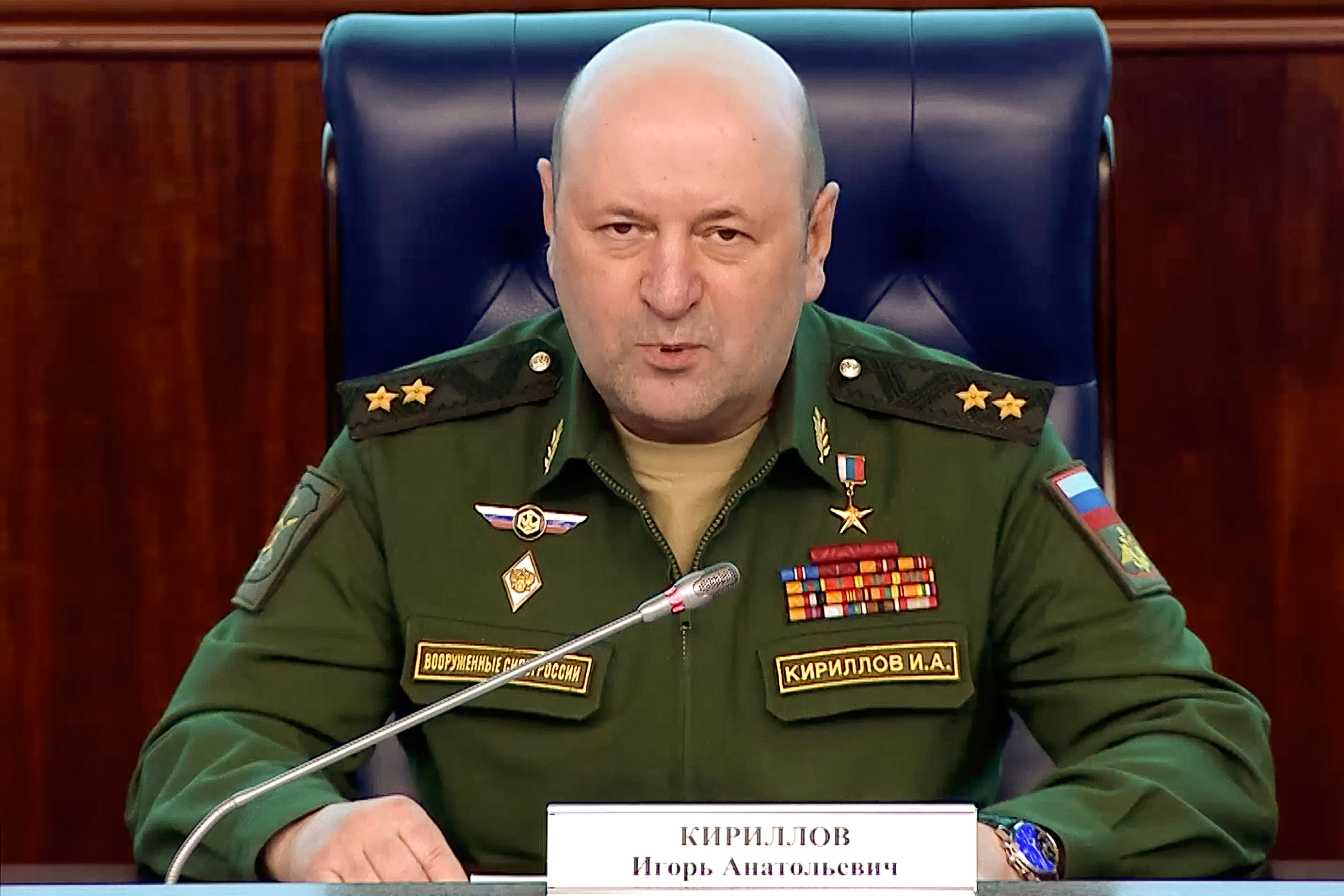 In this photo taken from video released by Russian Defense Ministry Press Service on 28 Feb 2023, the head of the radiation, chemical and biological defense troops of the Russian Armed Forces Lt. Gen. Igor Kirillov speaks during a briefing in Moscow, Russia