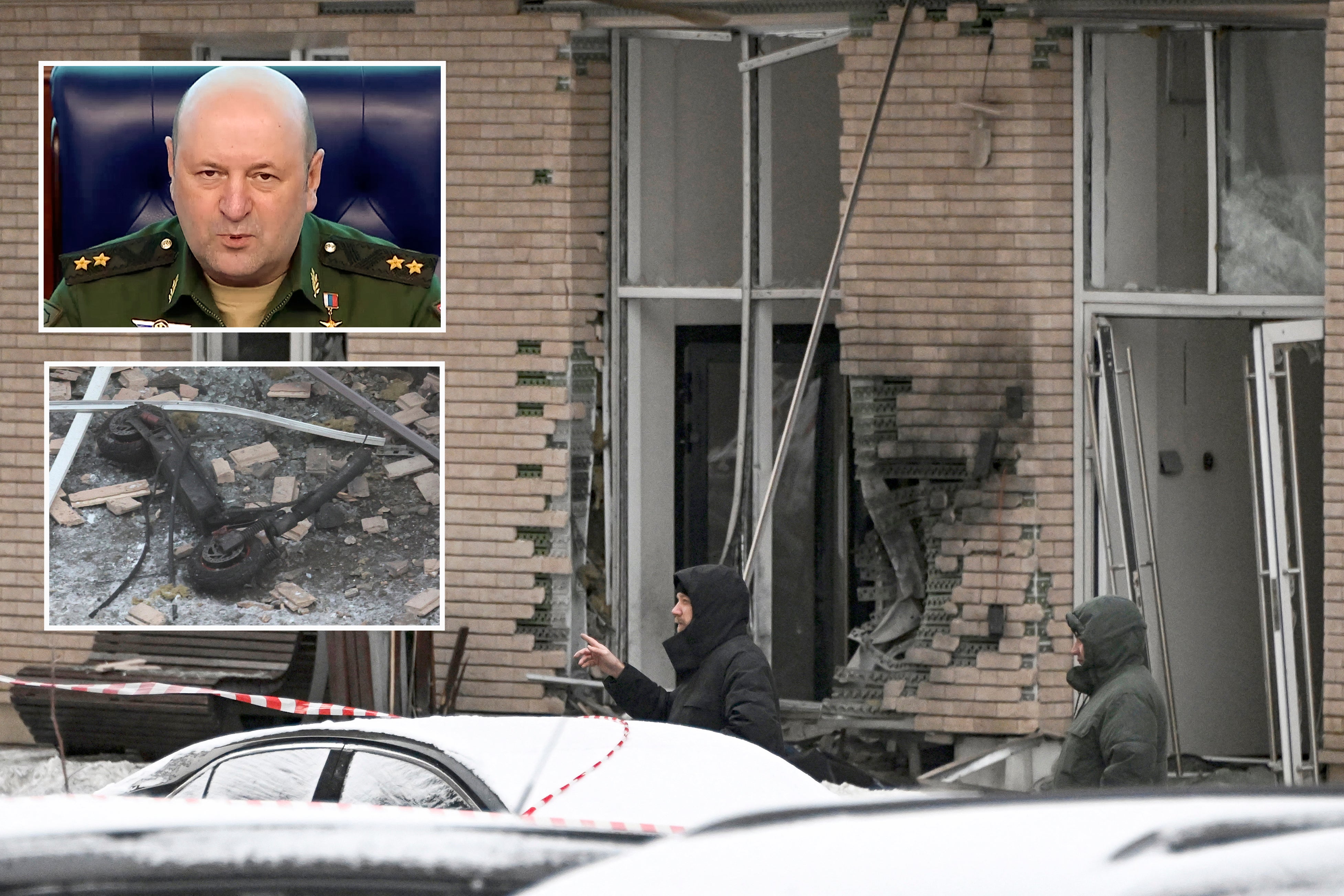 <p>The scene of Tuesday’s electric scooter bomb blast which killed Colonel Igor Kirillov and his deputy, outside a residential building on Ryazansky Avenue in Moscow</p>