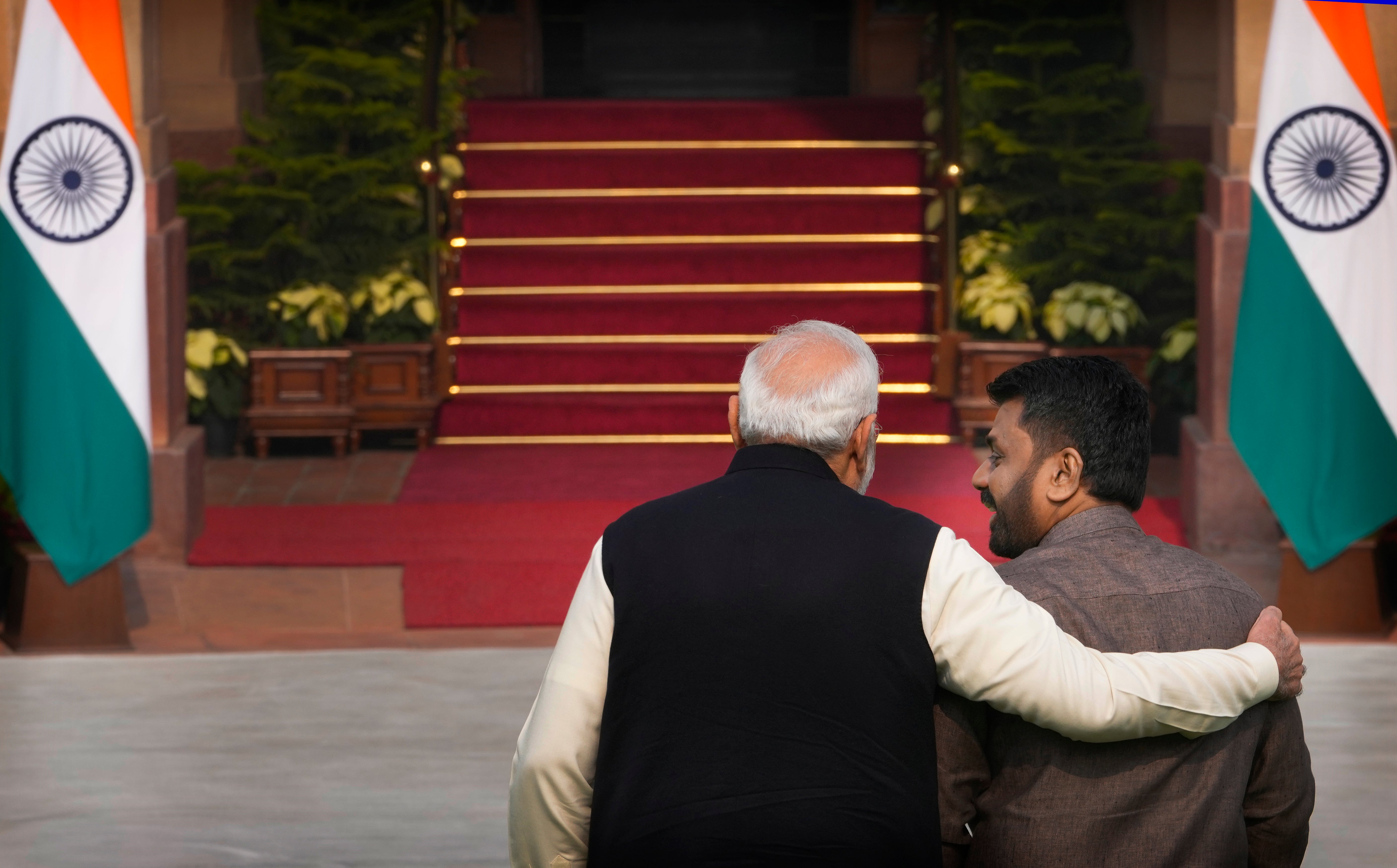 Indian prime minister Narendra Modi, left, talks with Sri Lankan president Anura Kumara Disanayaka during their meeting in New Delhi