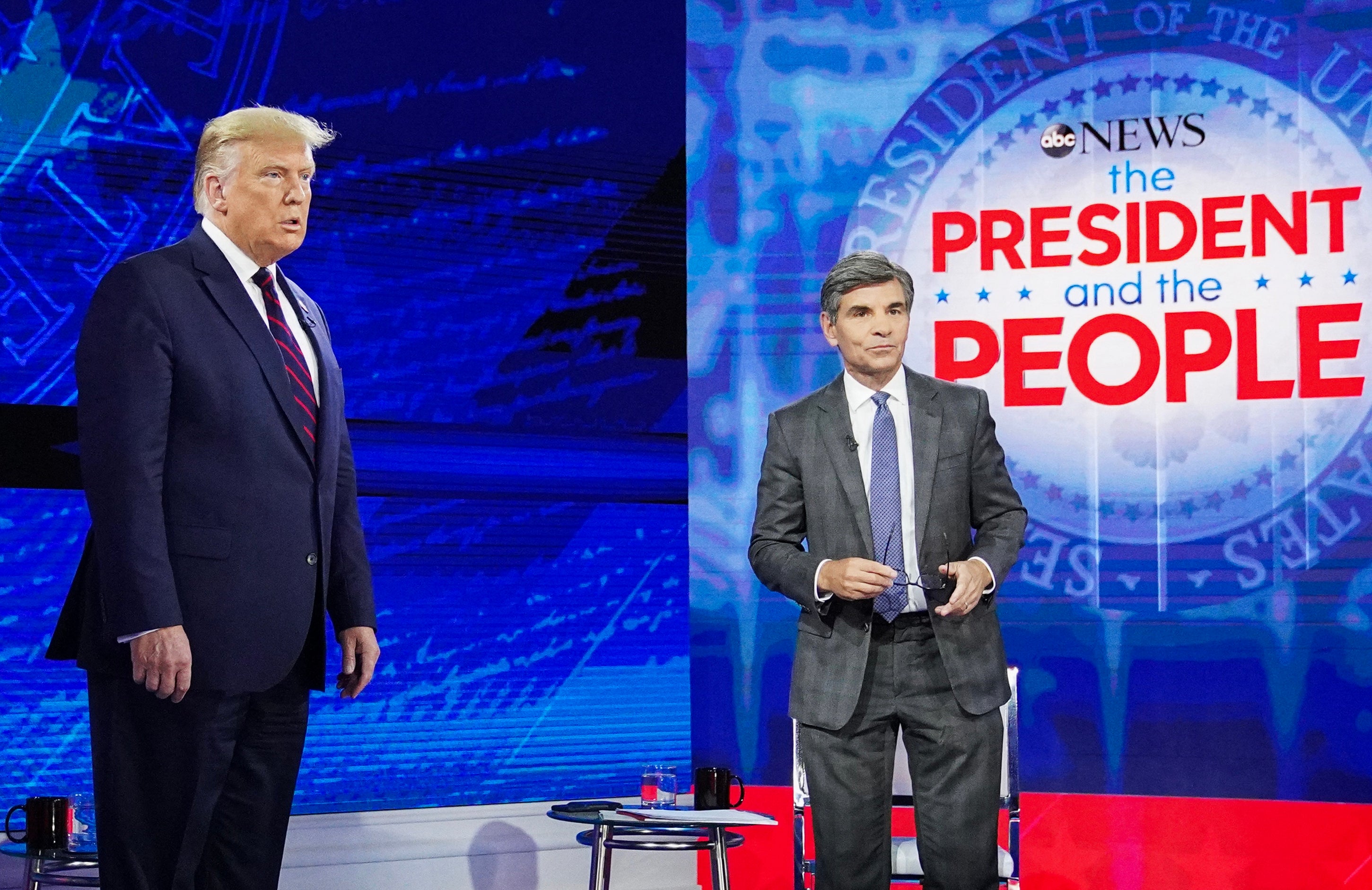 Trump poses with ABC New anchor George Stephanopoulos ahead of a town hall event at the National Constitution Center in Philadelphia on September 15, 2020. It was Stephanopoulos’s comments on air about Trump that landed ABC in a lawsuit