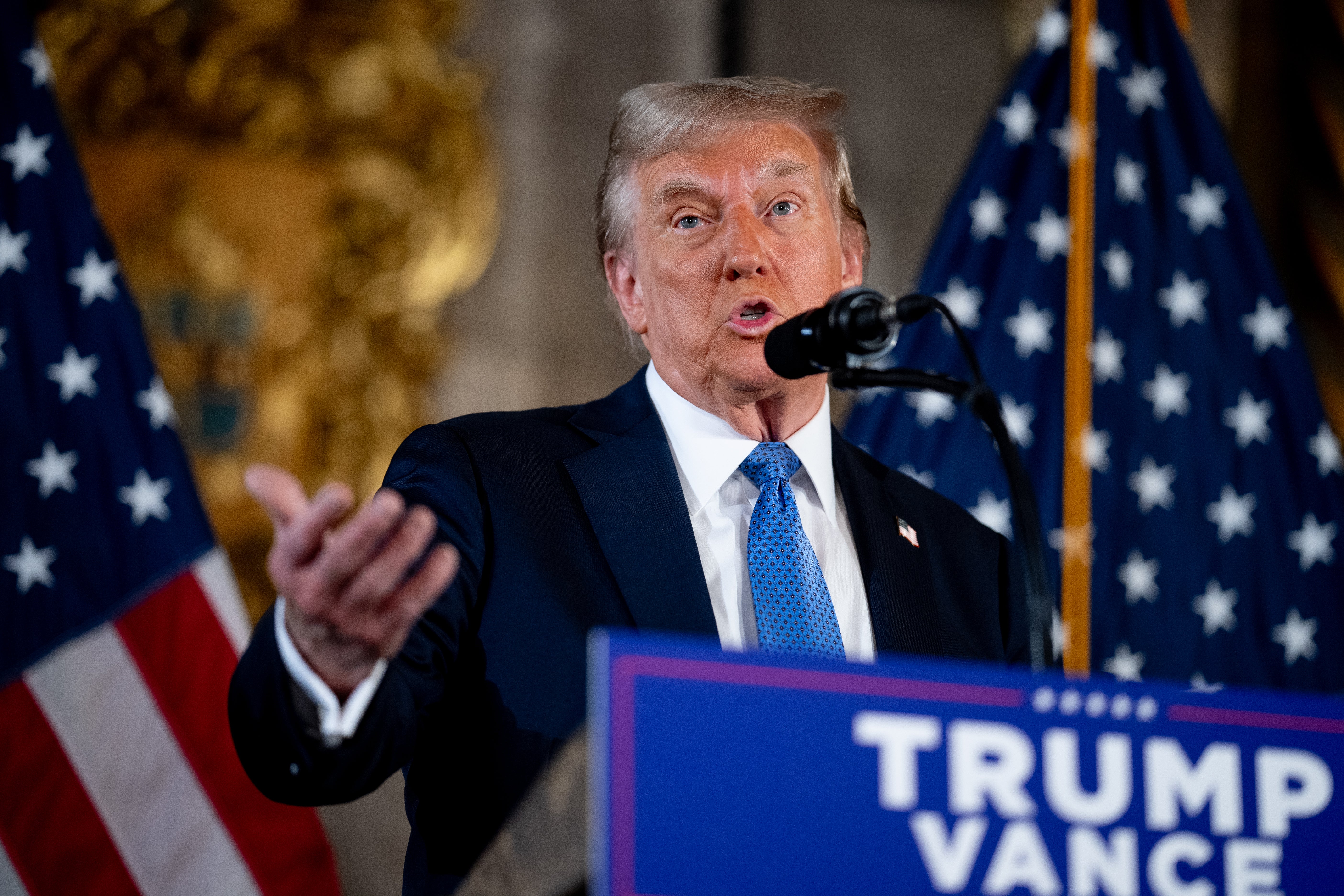 U.S. President-elect Donald Trump speaks at a news conference at Trump’s Mar-a-Lago resort on December 16, 2024 in Palm Beach, Florida