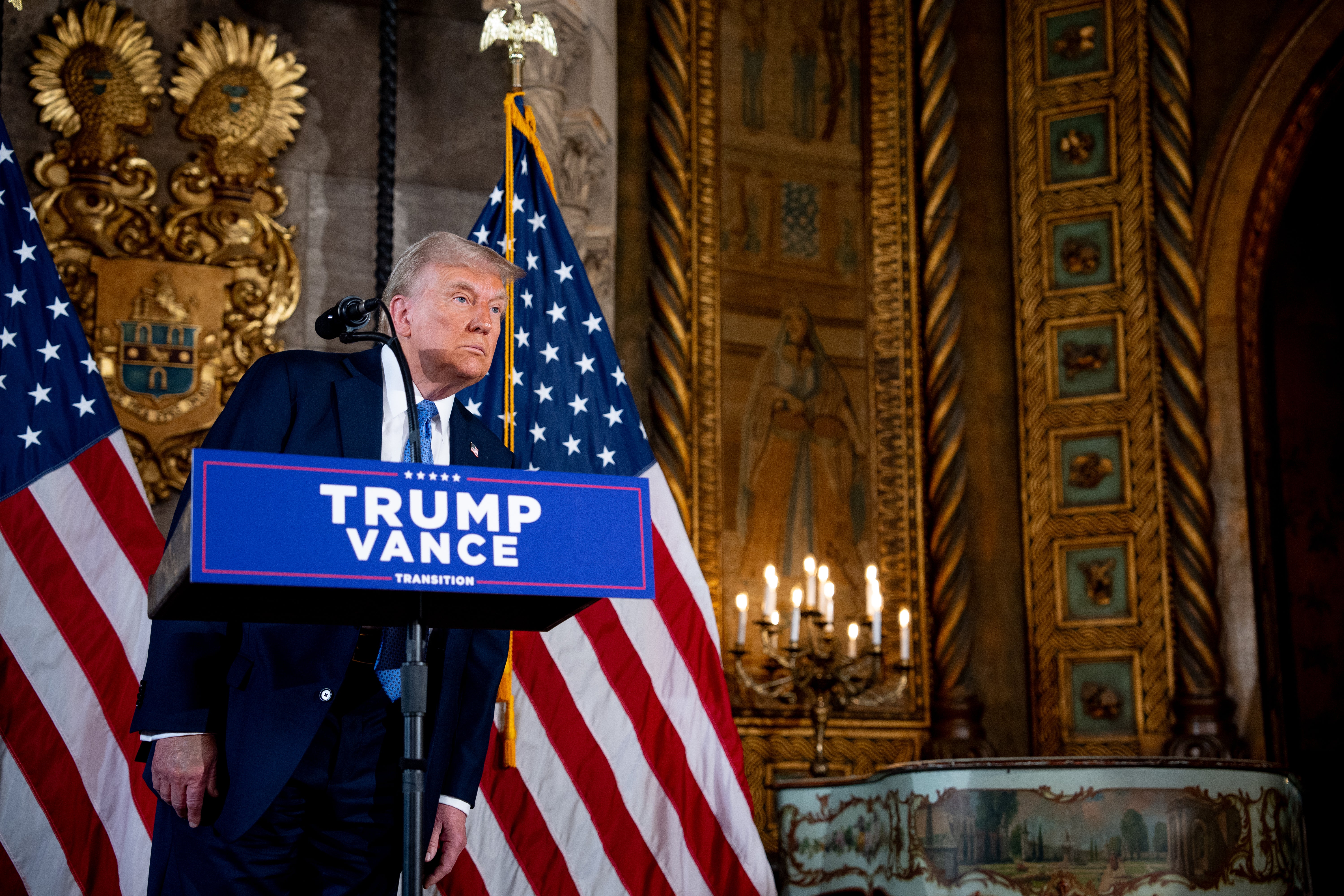 U.S. President-elect Donald Trump leans in as he takes a question from a reporter during a news conference at Trump's Mar-a-Lago resort on December 16, 2024 in Palm Beach, Florida. Trump hasn’t expanded on his ‘concepts of a plan’ comments when it comes to healthcare