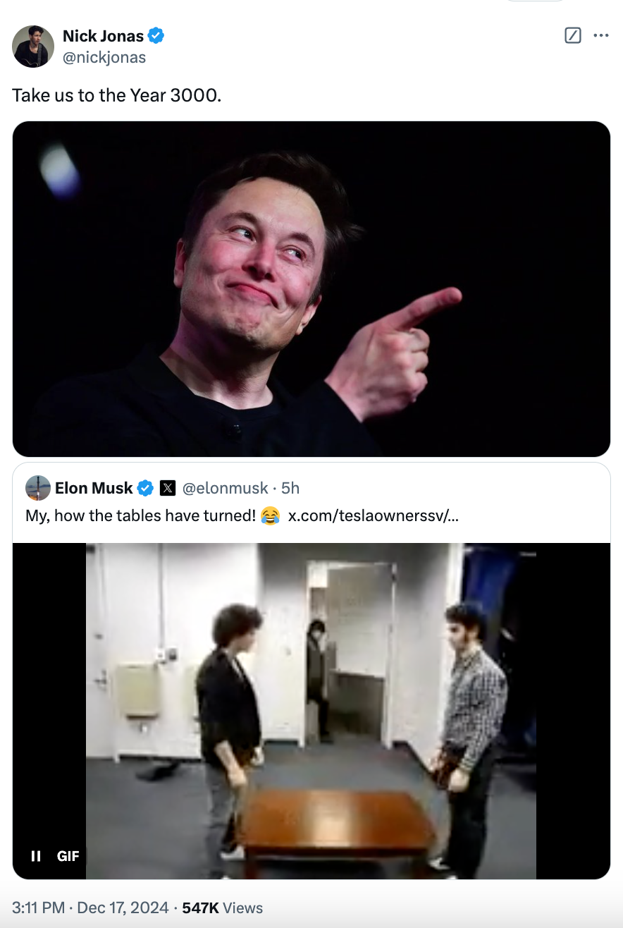 Nick Jonas responds to post from Elon Musk