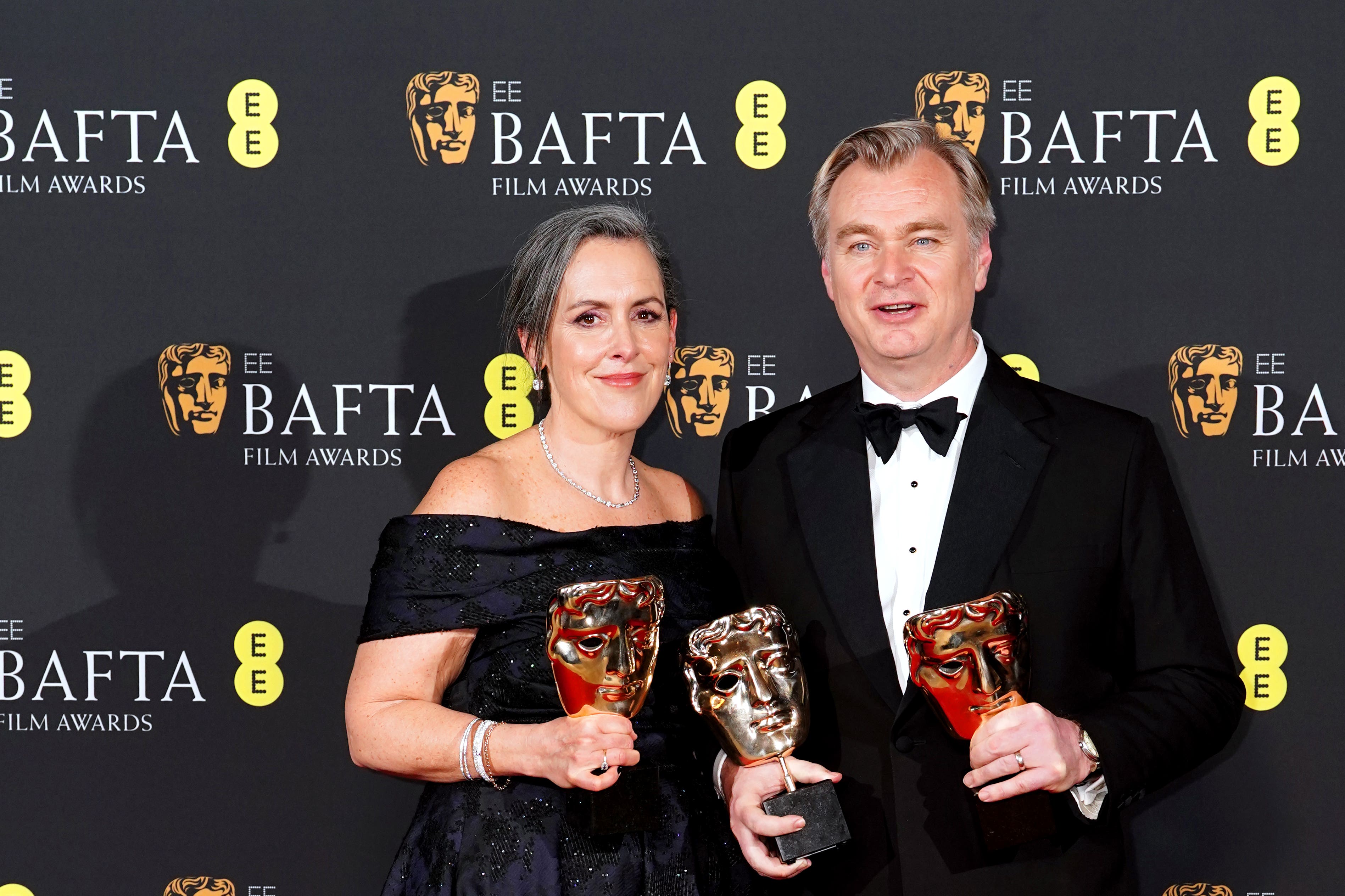 Emma Thomas and Christopher Nolan in the press room after winning the best film award for Oppenheimer during the Bafta Film Awards (Ian West/PA)