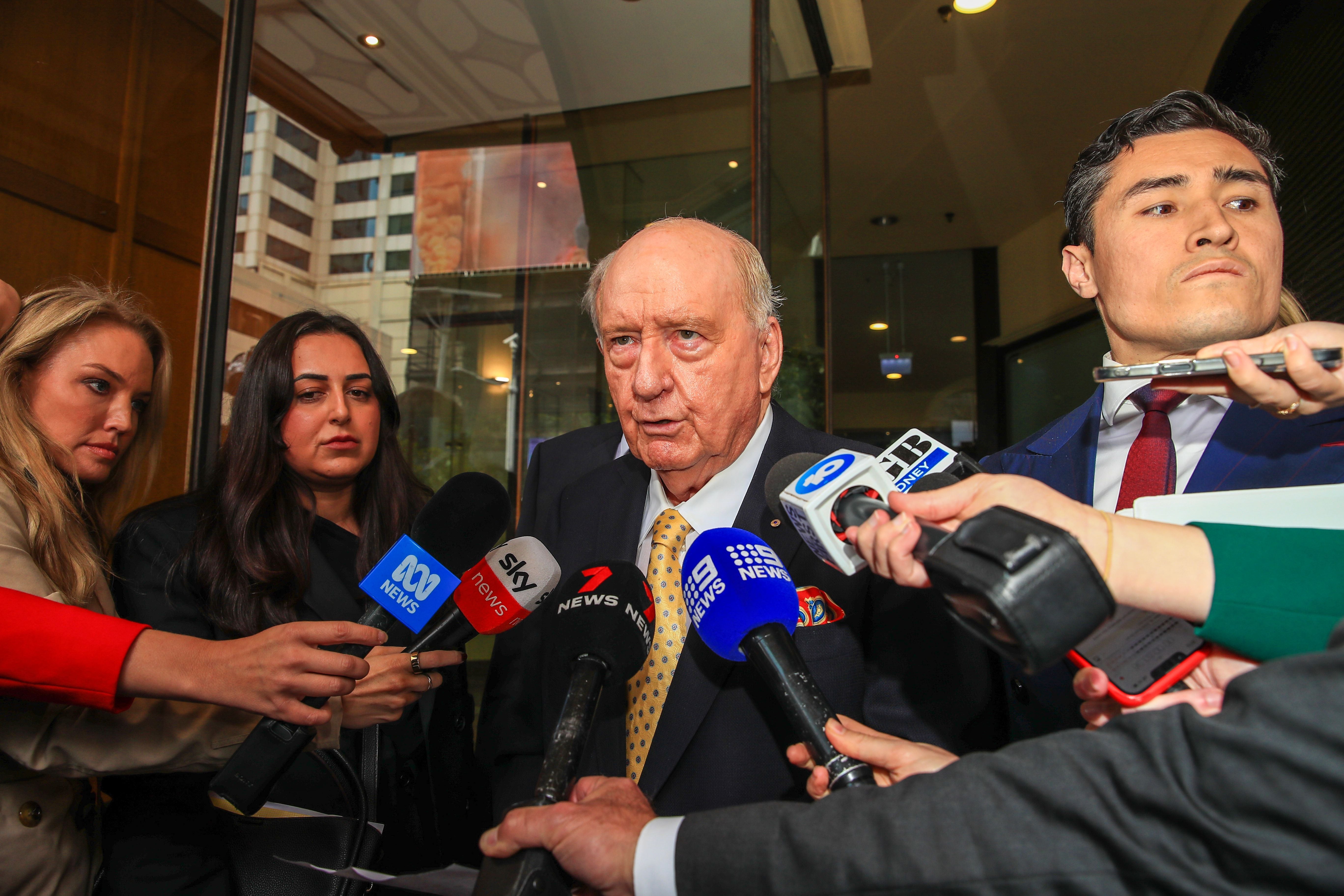 Alan Jones speak to the media outside the Sydney's Downing Centre Local Court on 18 December 2024 in Sydney, Australia