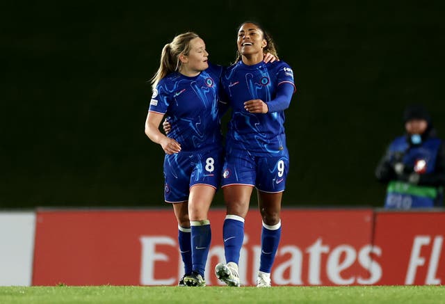 <p>Catarina Macario celebrates with Erin Cuthbert of Chelsea  </p>