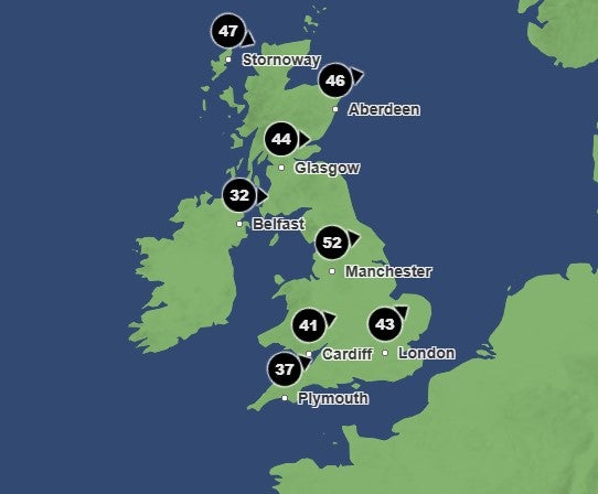 Wind gusts could reach as high as 60mph in parts of the UK