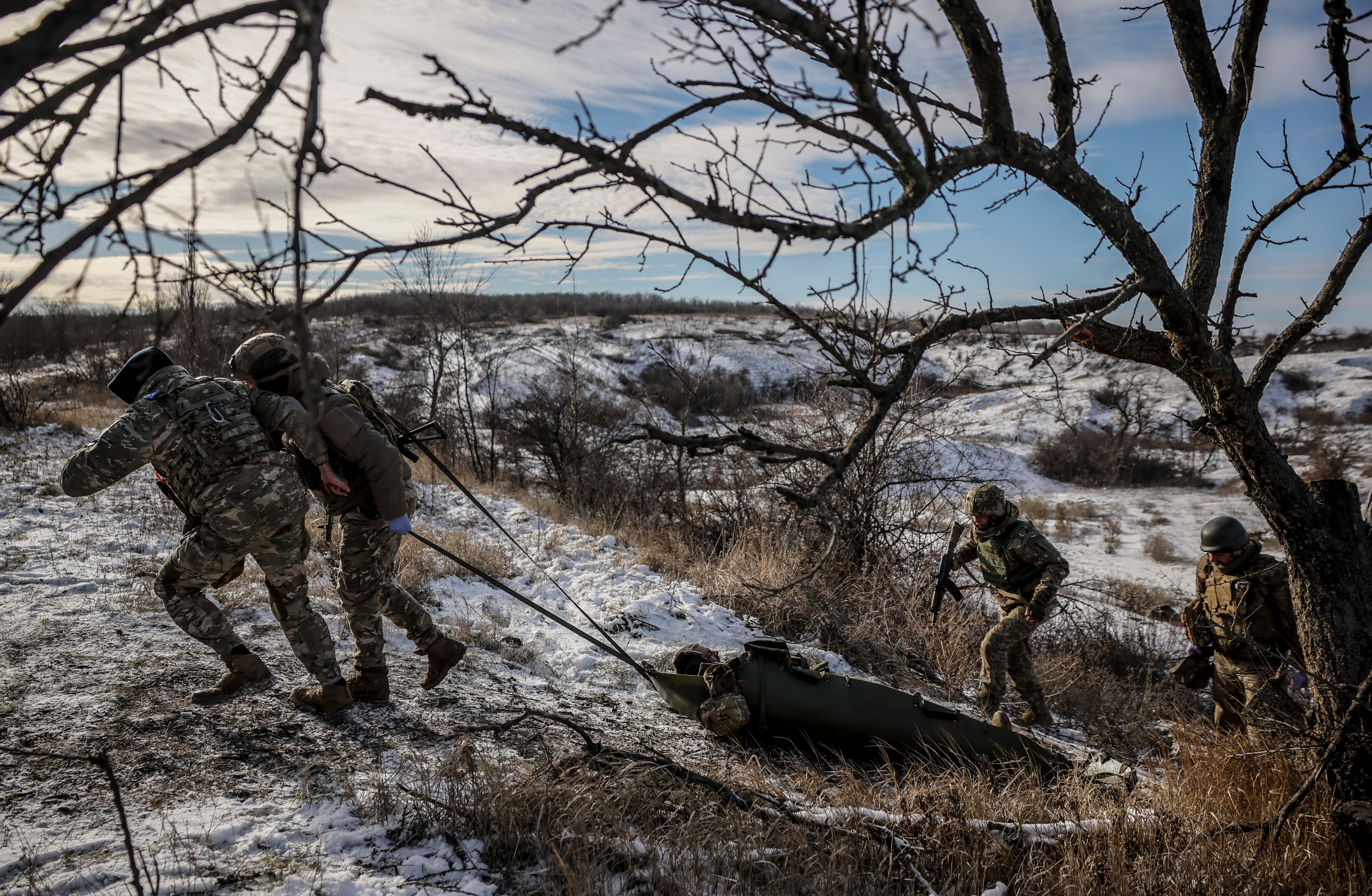Ukrainian servicemen conduct tactical medicine exercise in the Donetsk region