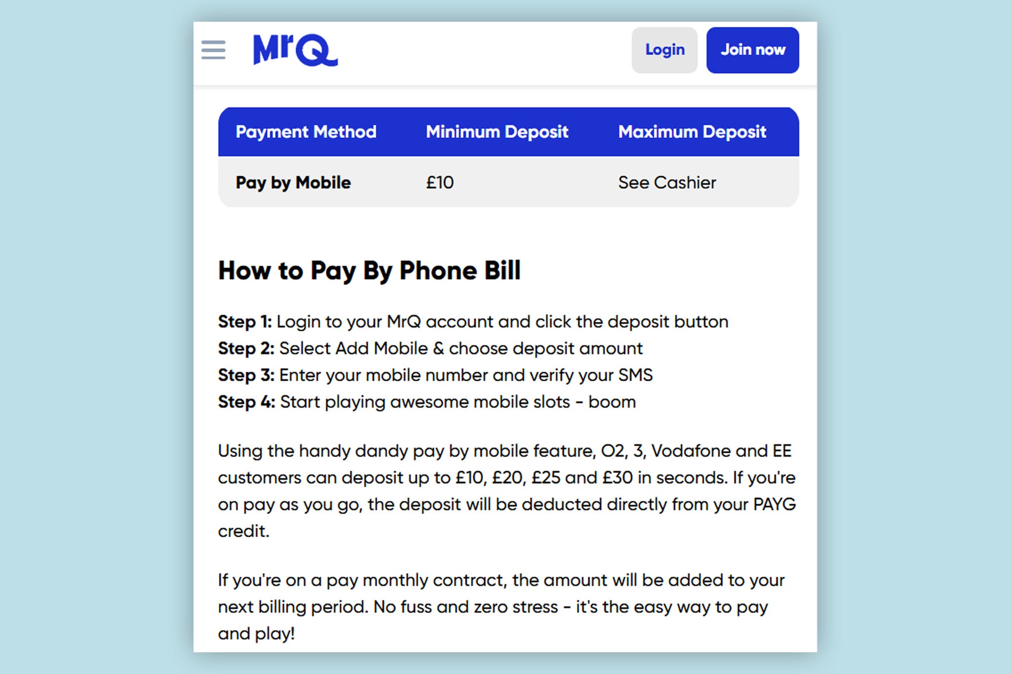 There are four simple steps to using pay by mobile to deposit on MrQ