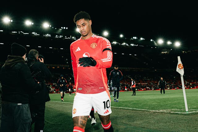 <p>Marcus Rashford leaves the Old Trafford pitch after defeat by Nottingham Forest earlier this month</p>