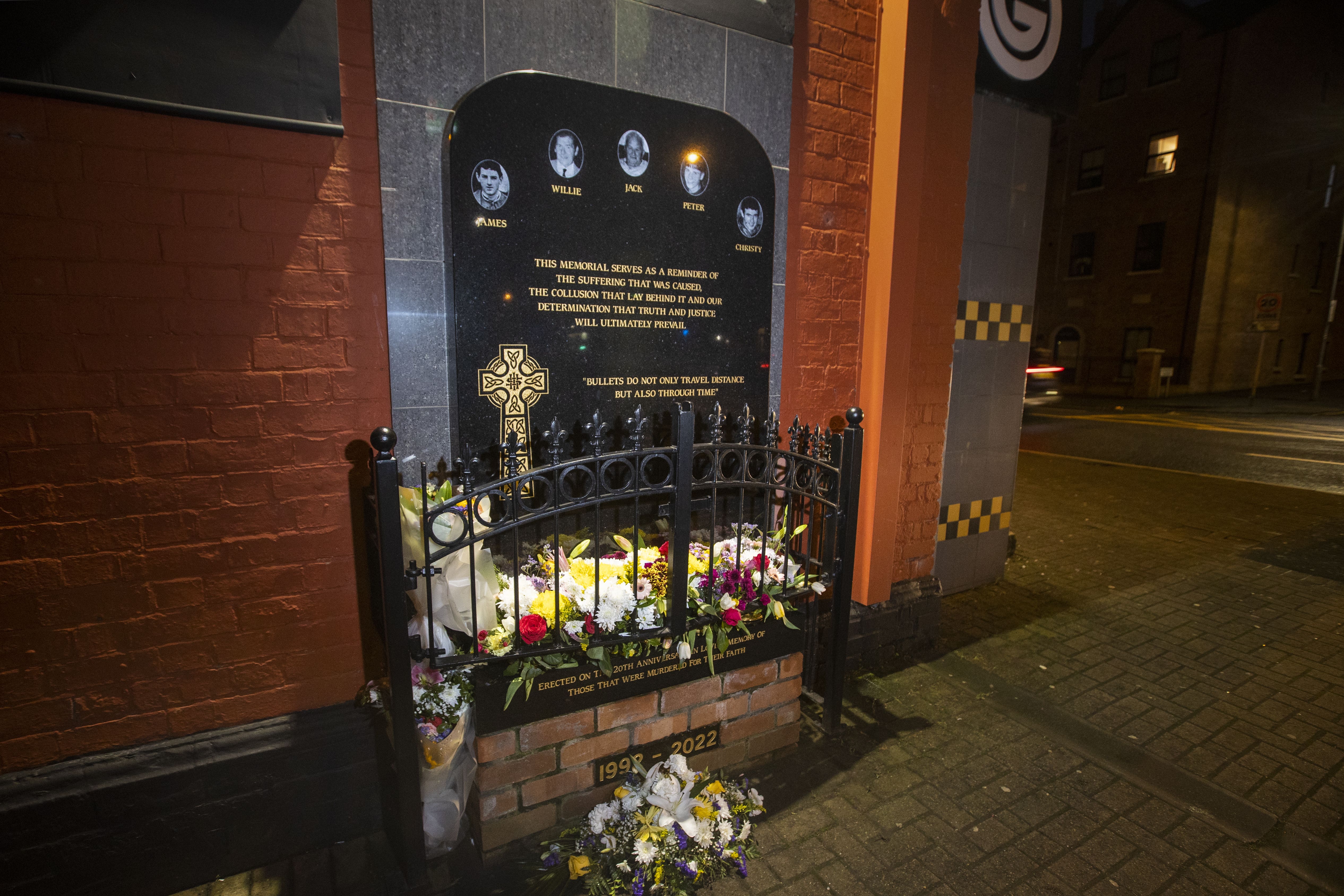 A memorial on Ormeau Road in Belfast to the five people murdered during the Sean Graham bookmakers attack in 1992 (Liam McBurney/PA)