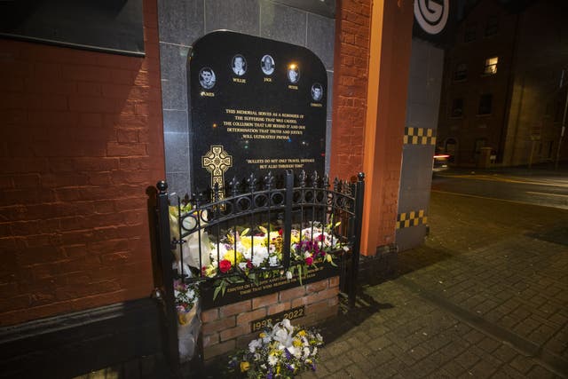 A memorial on Ormeau Road in Belfast to the five people murdered during the Sean Graham bookmakers attack in 1992 (Liam McBurney/PA)