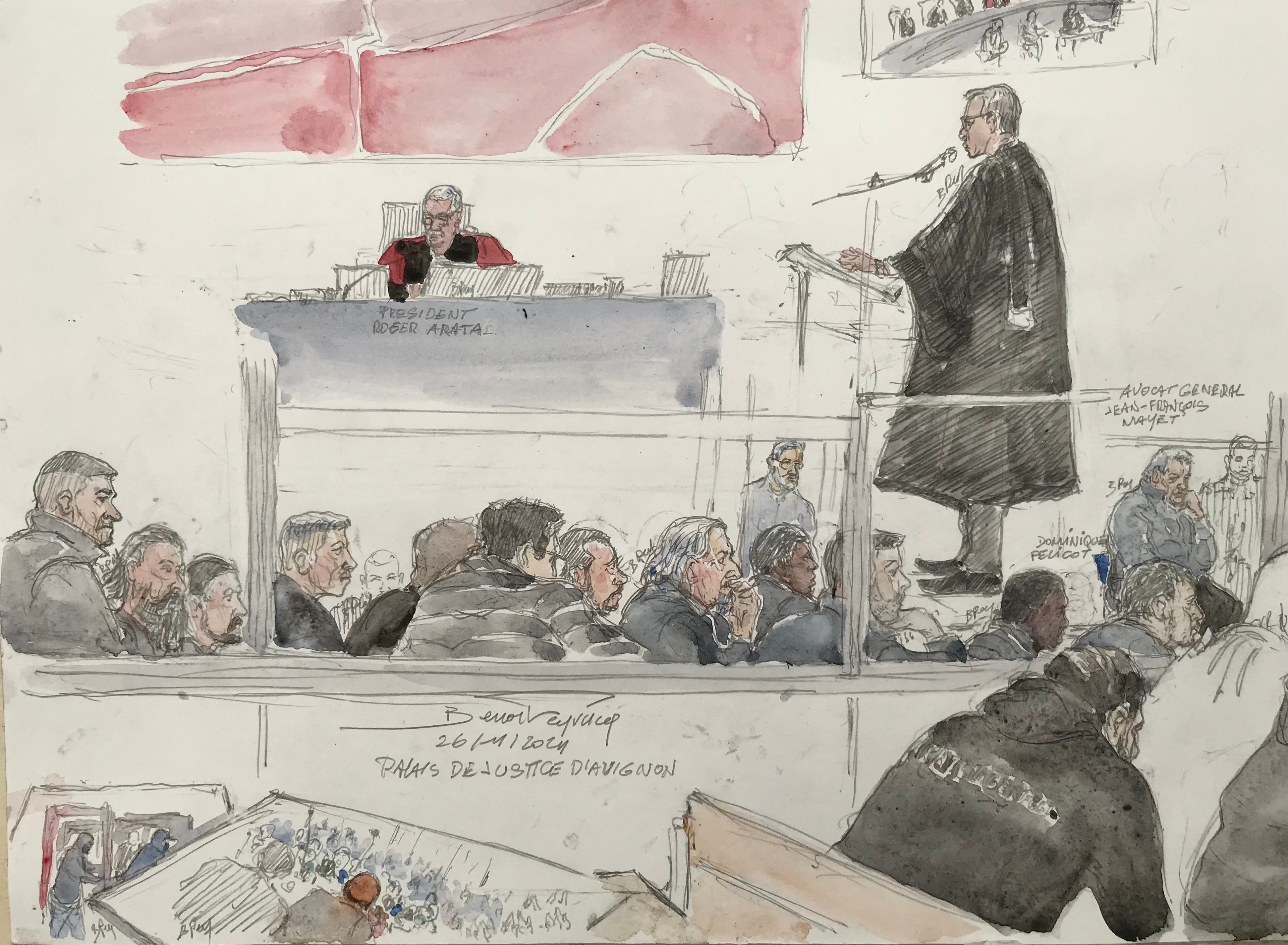 This court sketch created at the Avignon courthouse in Avignon, south-eastern France, on November 26, 2024, shows presiding judge Roger Arata (Top L), public prosecutor Jean-Francois Mayet and defendant Dominique Pelicot during the trial