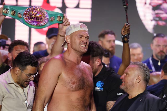 <p>Tyson Fury weighing in for his first fight with Oleksandr Usyk</p>