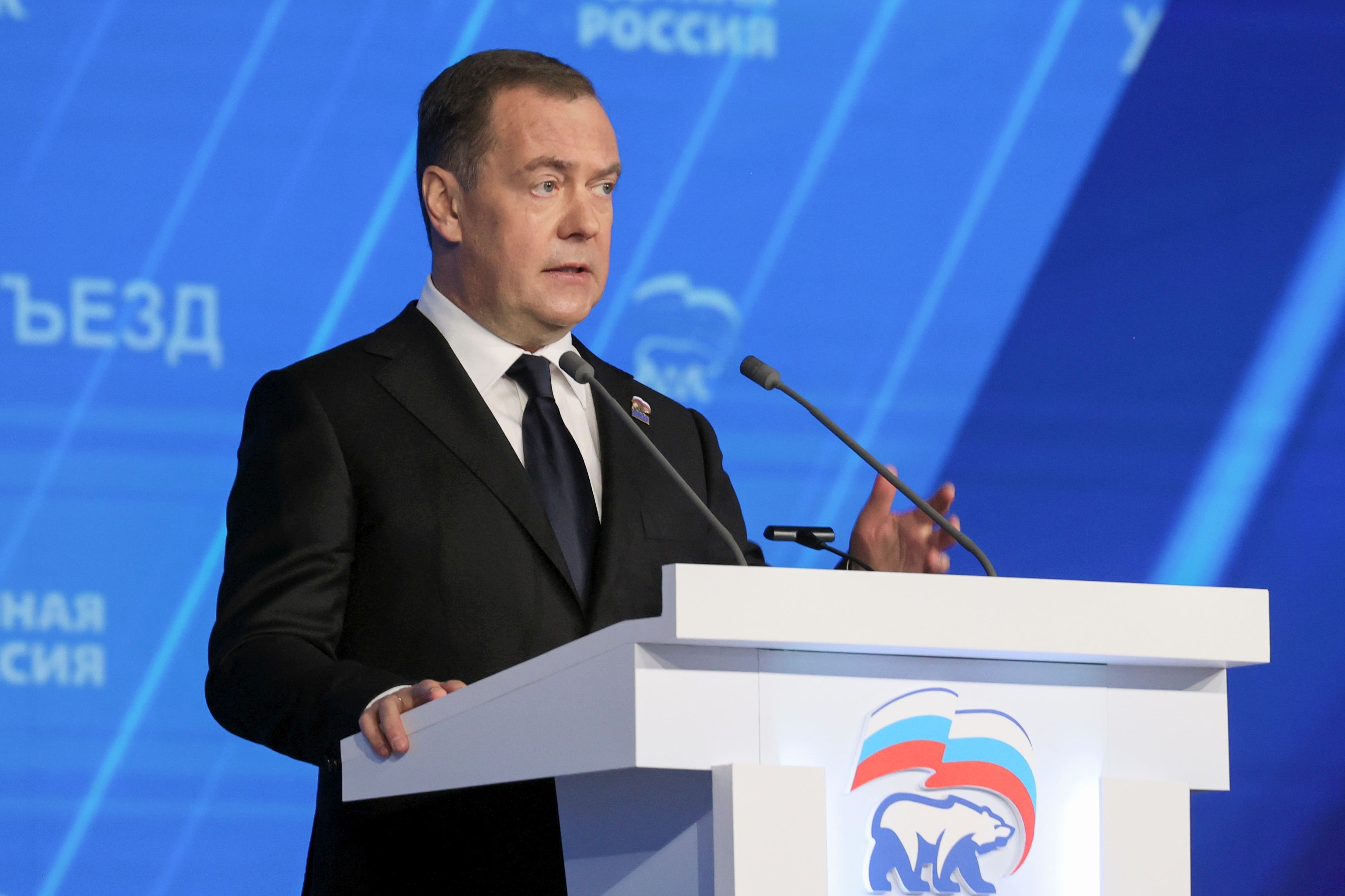 Former Russian president Dmitry Medvedev also threatened Nato figures providing assistance to Ukraine (Ekaterina Shtukina, Sputnik Pool Photo via AP)