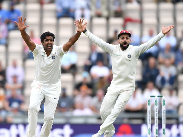 <p>Ravichandran Ashwin and Virat Kohli of India appeal against England at The Ageas Bowl in the 2018 series</p>