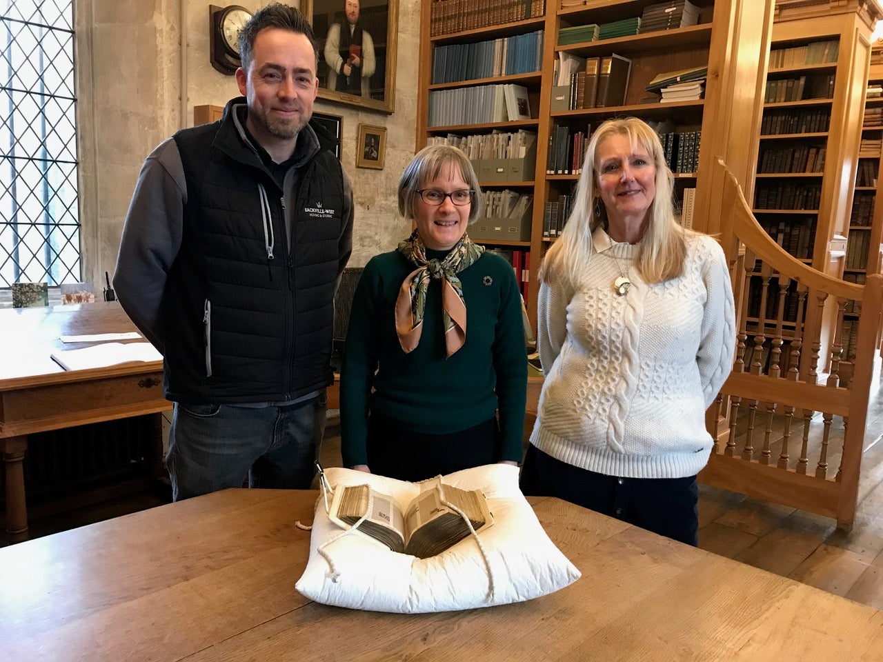 Salisbury Cathedral’s Jilly Wright (centre) and Dr Anne Dutton (right) with the rare Bible