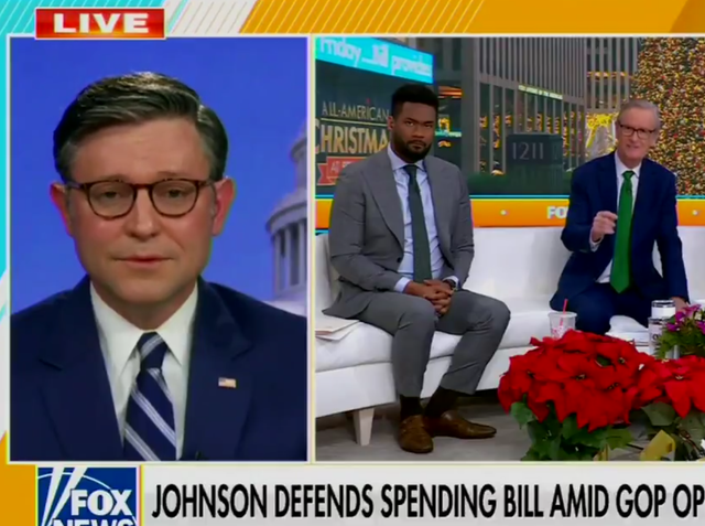 <p>House Speaker Mike Johnson is challenged on Fox and Friends on Wednesday about a spending bill and how he would justify it to Elon Musk </p>